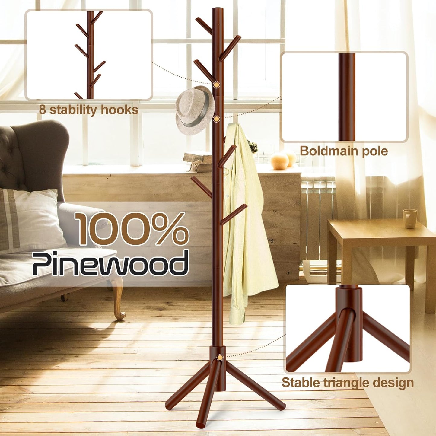 Solid Wooden Coat Rack Freestanding, New Zealand Pine Coat Tree with 8 Hooks & 3 Adjustable Sizes for Coats, Hats, Handbags and Scarves, Space Saving for Entryway/Office/Bedroom (Brown)