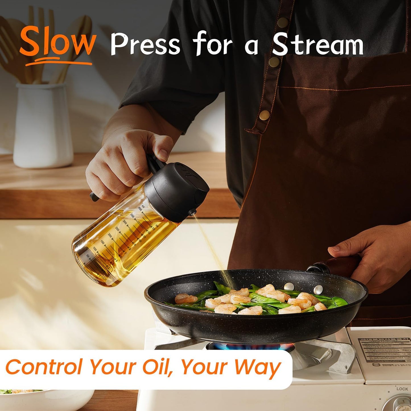 TrendPlain 16oz/470ml Glass Olive Oil Sprayer for Cooking ?2 in 1 Olive Oil Dispenser Bottle for Kitchen Gadgets and Air Fryer Accessories, Salad, BBQ - Black