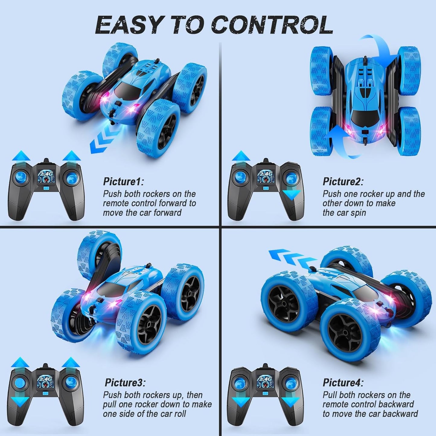 QUNREDA Remote Control Car, RC Cars Toys for Kids Ages 6-12, 4WD Stunt Car with LED Lights & 360?Flips, 2.4GHz, Upgraded USB-C Modular Batteries, 8-10 Year Old Boys Birthday Gift 1-Blue