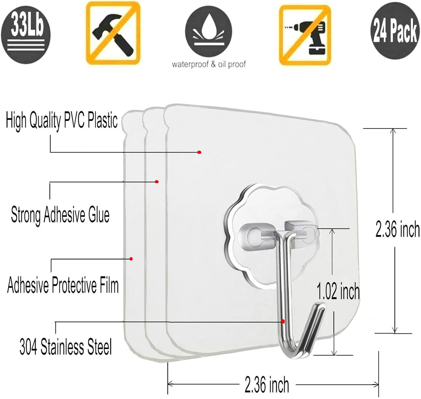 Jwxstore 24 Pack Self Adhesive Hooks Heavy Duty - 33lb Max, Transparent, Waterproof, Sticky Wall Hooks for Keys, Bathroom, Shower, Outdoor, Kitchen, Door, Home Improvement, Utility Hooks