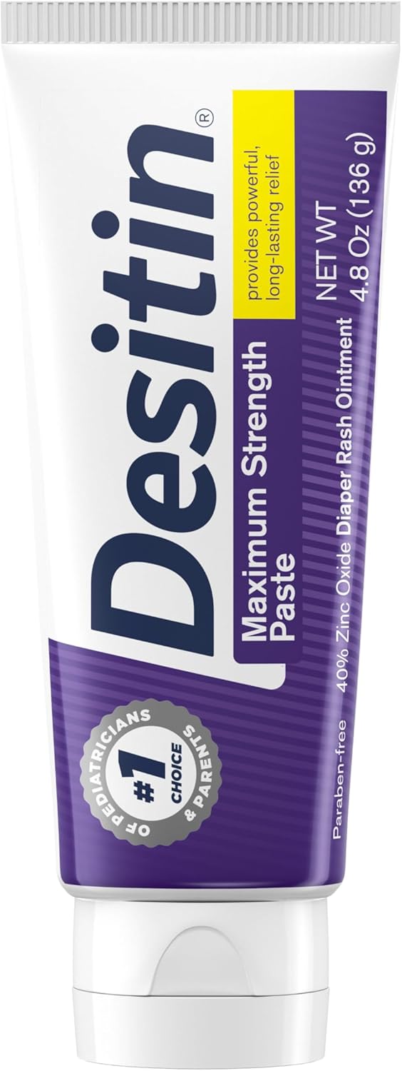 Desitin Maximum Strength Baby Diaper Rash Cream, 40% Zinc Oxide, Hypoallergenic No Added Parabens & Dyes, Protects & Relieves Baby? Skin for Up to 12 Hours, Prevents Diaper Rash, 4.8 oz Tube