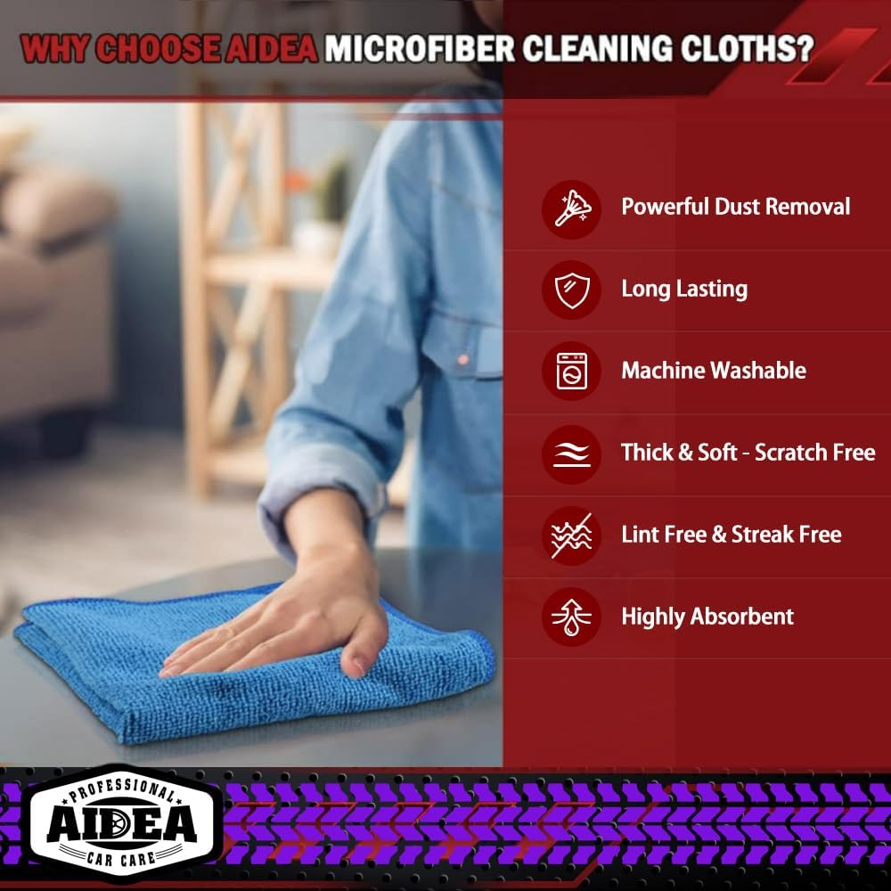 AIDEA Microfiber Cleaning Cloth, 50PK, Microfiber Towels for Cars, Premium Wash Cloths, Dusting Cloth Cleaning Rags, Absorbent Towels for SUVs, House, Kitchen, Window, Cleaning Supplies12?2"