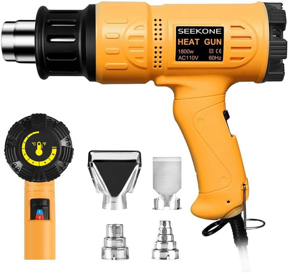 SEEKONE Heat Gun 1800W 122?-1202?(50?- 650?)Fast Heating Heavy Duty Hot Air Gun Kit Variable Temperature Control Overheat Protection with 4 Nozzles for Crafts, Shrinking PVC, Stripping Paint(5.2FT)