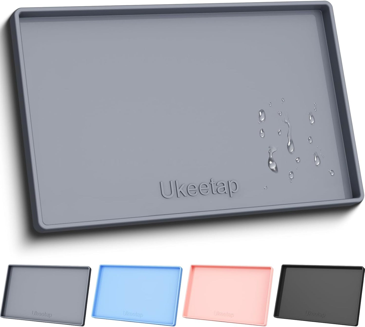 ukeetap Extra Thick Silicone Mat Waterproof with Raised Edge 19?x 12? BPA Free Non-Slip Dog & Cat Food Mat, Feeding Mat for Food and Water Bowls, Spill Proof Mat to Protect Floors, Gray
