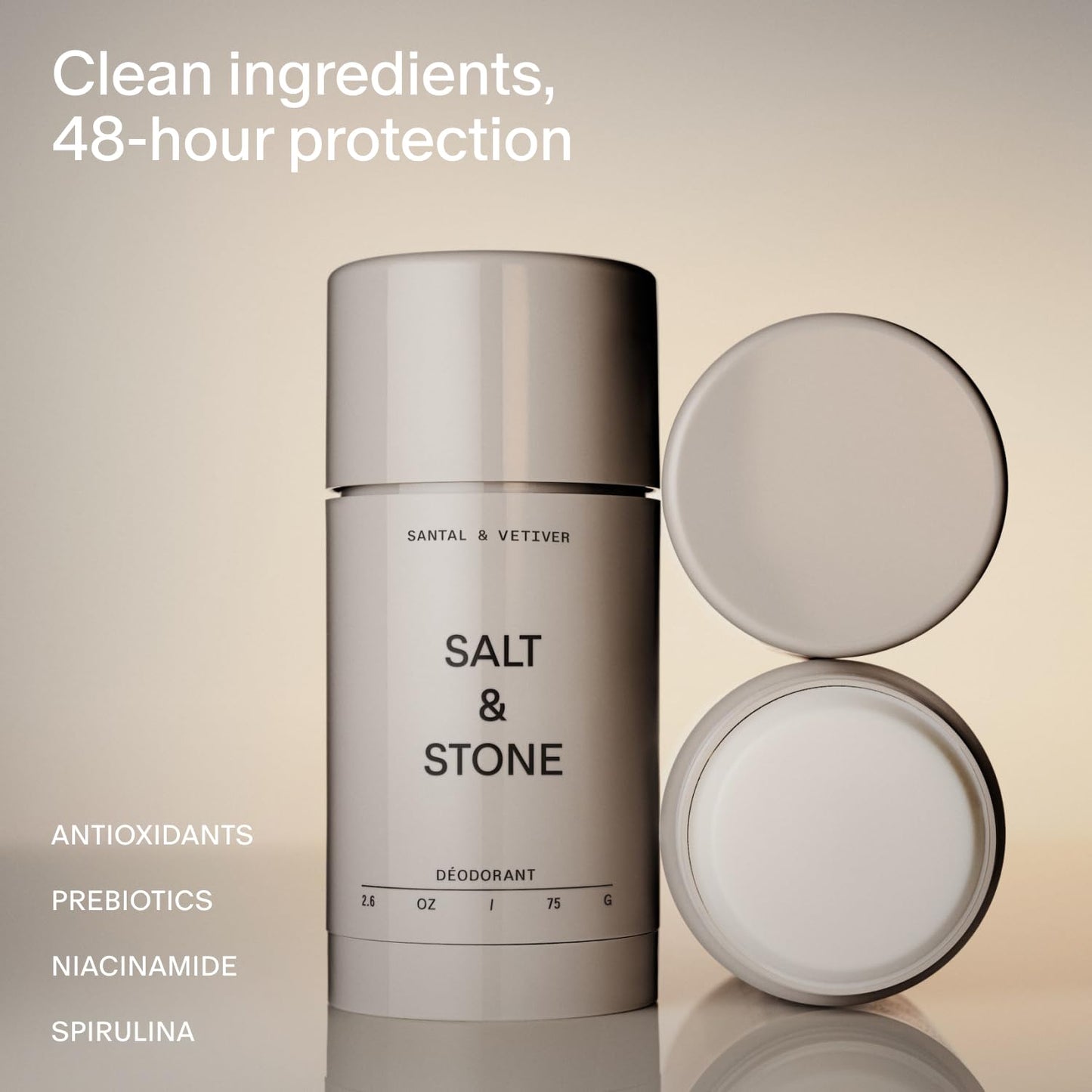 Salt & Stone Aluminum Free Deodorant | Extra Strength 48 Hour Protection for Women & Men | Made with Seaweed Extracts, Niacinamide & Prebiotics | Santal & Vetiver