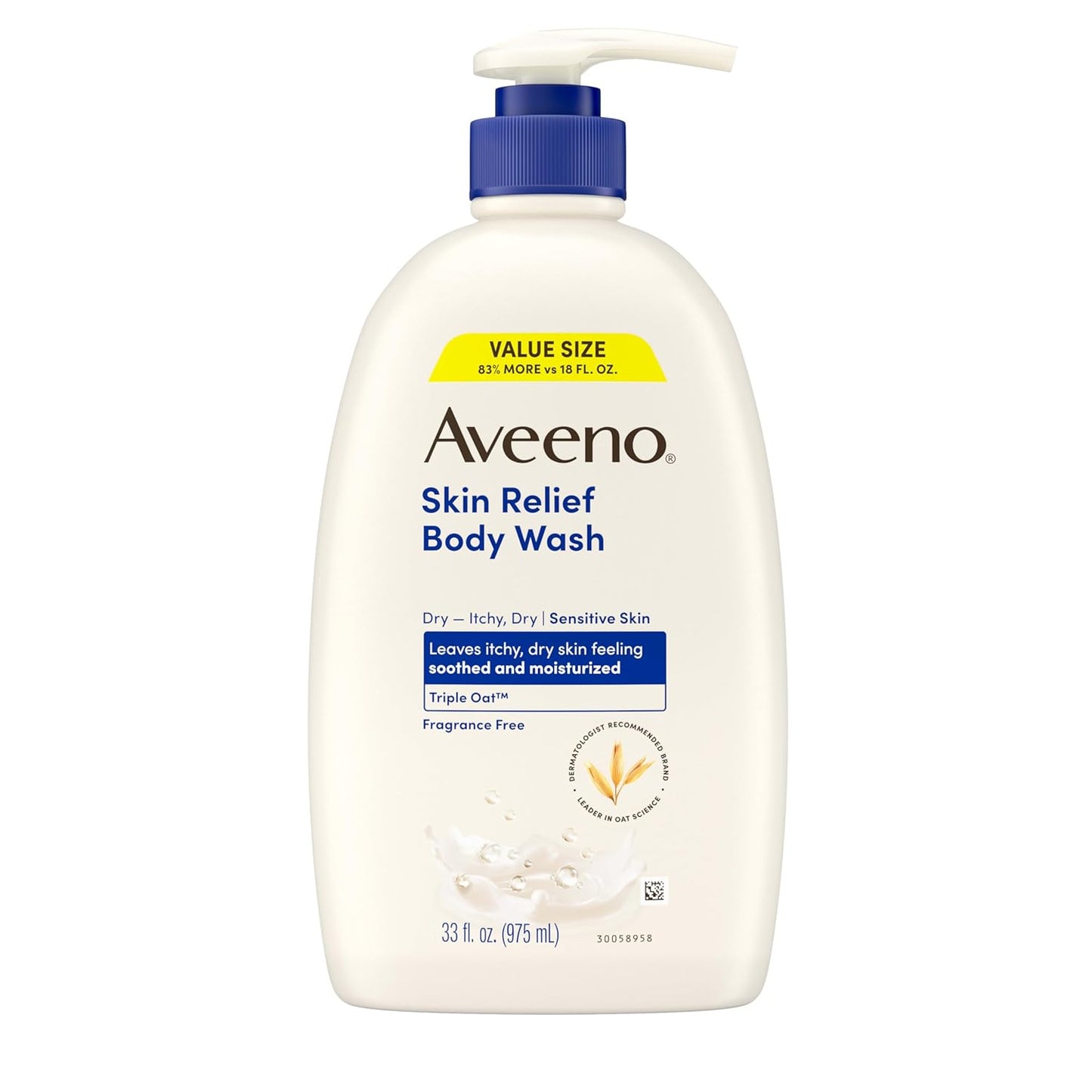 Aveeno Skin Relief Fragrance-Free Body Wash with Triple Oat?Complex, Gentle Daily Cleanser for Sensitive Skin Leaves Itchy, Dry Skin Feeling Soothed & Moisturized, 33 fl. oz
