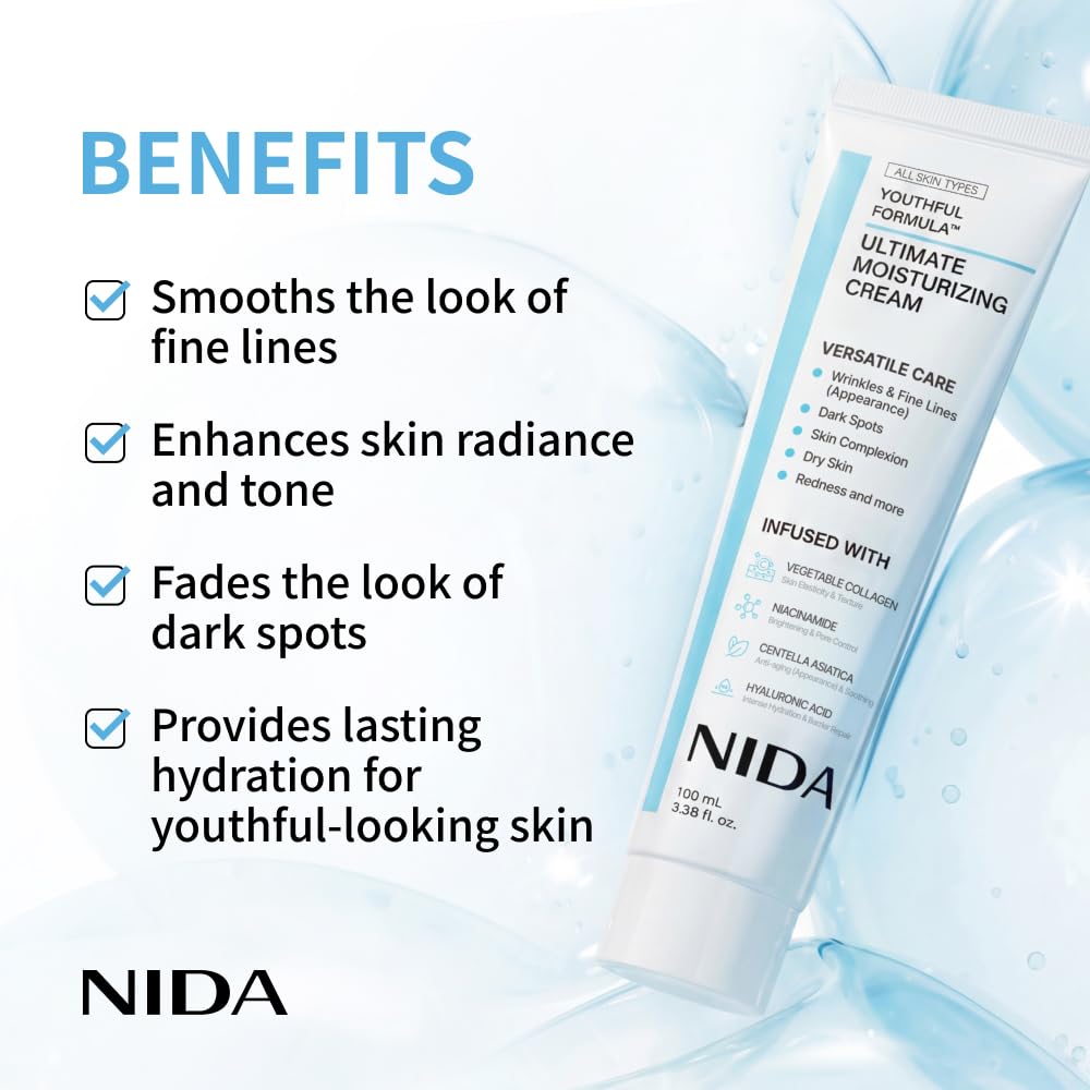 NIDA Youthful Formula?Ultimate Moisturizing Cream | Centella Asiatica, Niacinamide, Hyaluronic Acid, Collagen | Wrinkles, Fine Lines, Dark Spots, Dry Skin, Redness | 3.38 fl. oz., 100ml (New Formula)