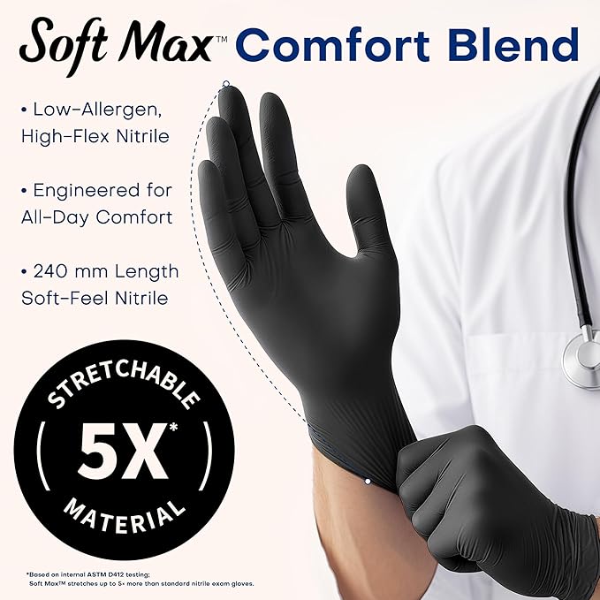 Supmedic Medical Soft Max?Black Nitrile Disposable Gloves, 100 Pcs, Latex-Free & Powder-Free Food Safe Food Prep Exam Gloves