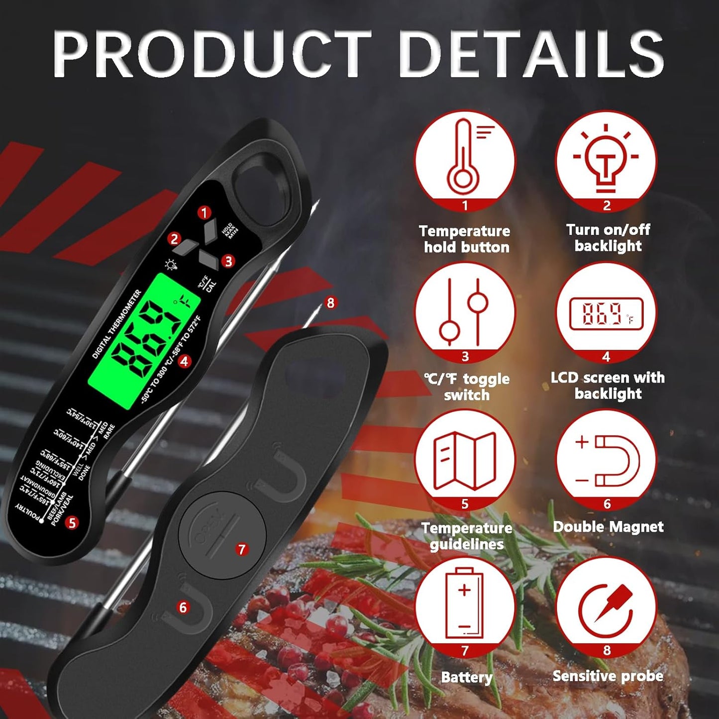 Meat Thermometer Digital,IP67 Waterproof Cooking Thermometer with Backlight, Calibration & Hold Function,Food Thermometer for Cooking,Outdoor Grilling