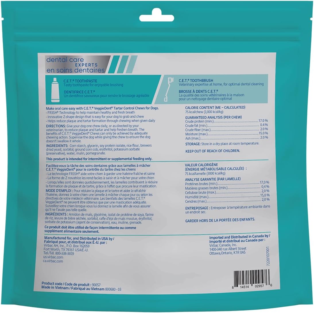 Virbac C.E.T.?VEGGIEDENT?FR3SH?Tartar Control Chews for Dogs with digestive health support, VOHC Approved, Medium 22-66lbs