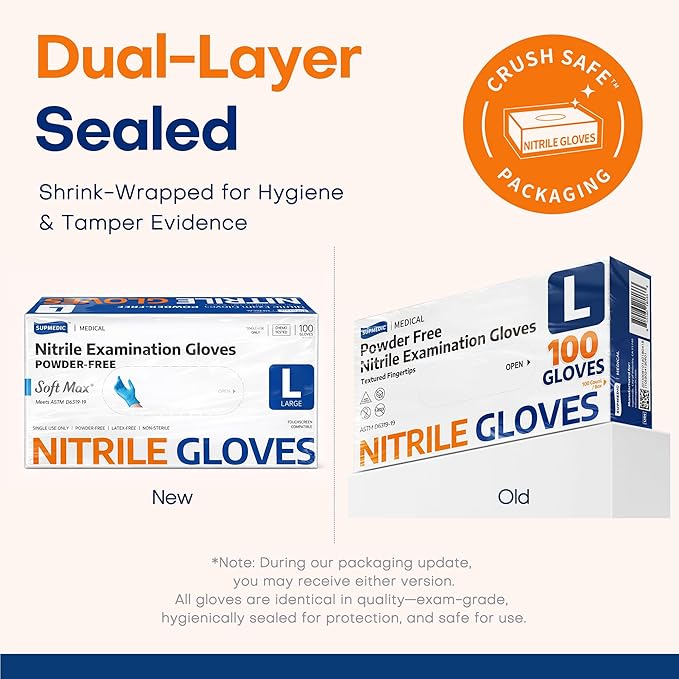 Supmedic Medical Soft Max?Nitrile Exam Gloves, 100 Count Latex-Free Powder-Free Non-Sterile Food Safe Disposable Glove, Blue
