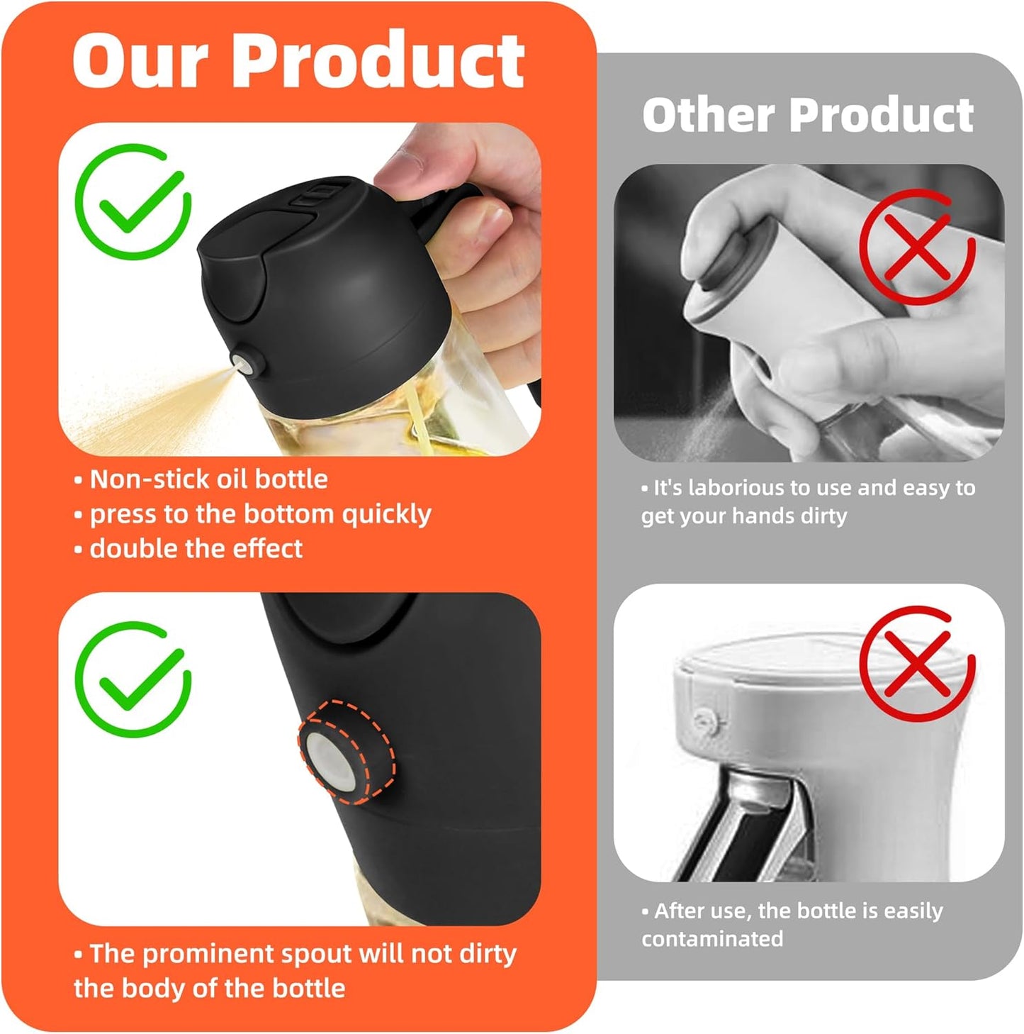 TrendPlain 16oz/470ml Glass Olive Oil Sprayer for Cooking ?2 in 1 Olive Oil Dispenser Bottle for Kitchen Gadgets and Air Fryer Accessories, Salad, BBQ - Black