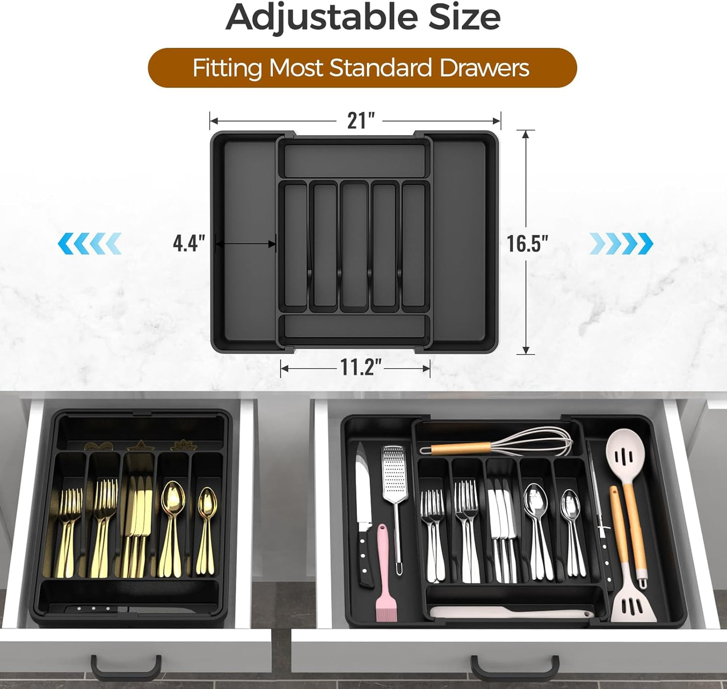 ukeetap Extra Large Expandable Silverware Organizer, BPA-Free Food-Safe Cutlery Flatware Organizer, Kitchen Utensil Drawer Organizer, Adjustable Silverware Holder for Spoons Forks Knives, Black