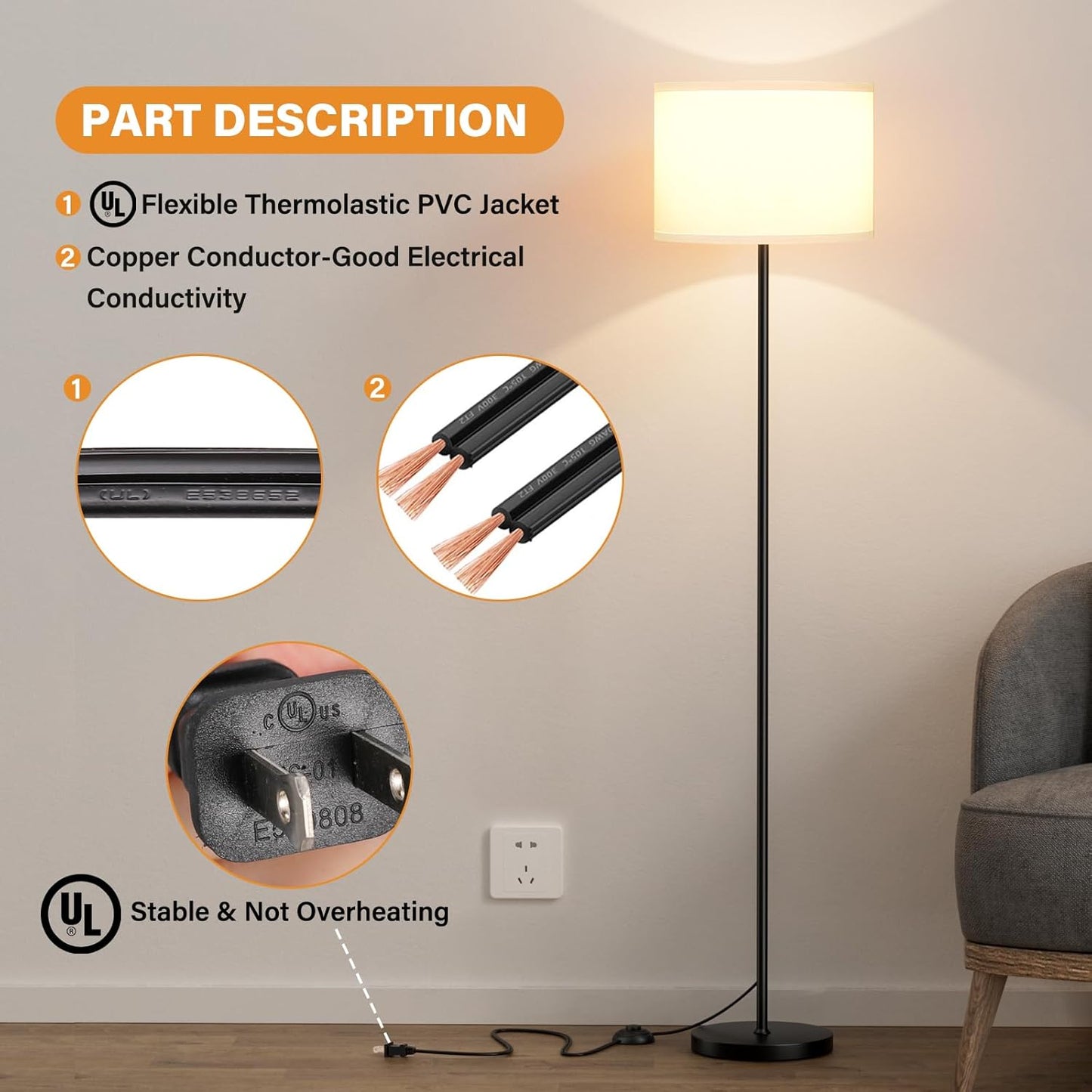Modern Floor Lamp Simple Design with White Shade, Foot Pedal Switch, 60" Small Tall Lamps for Living Room Bedroom Office Dining Room Kitchen, Black Pole Lamp(Without Bulb)