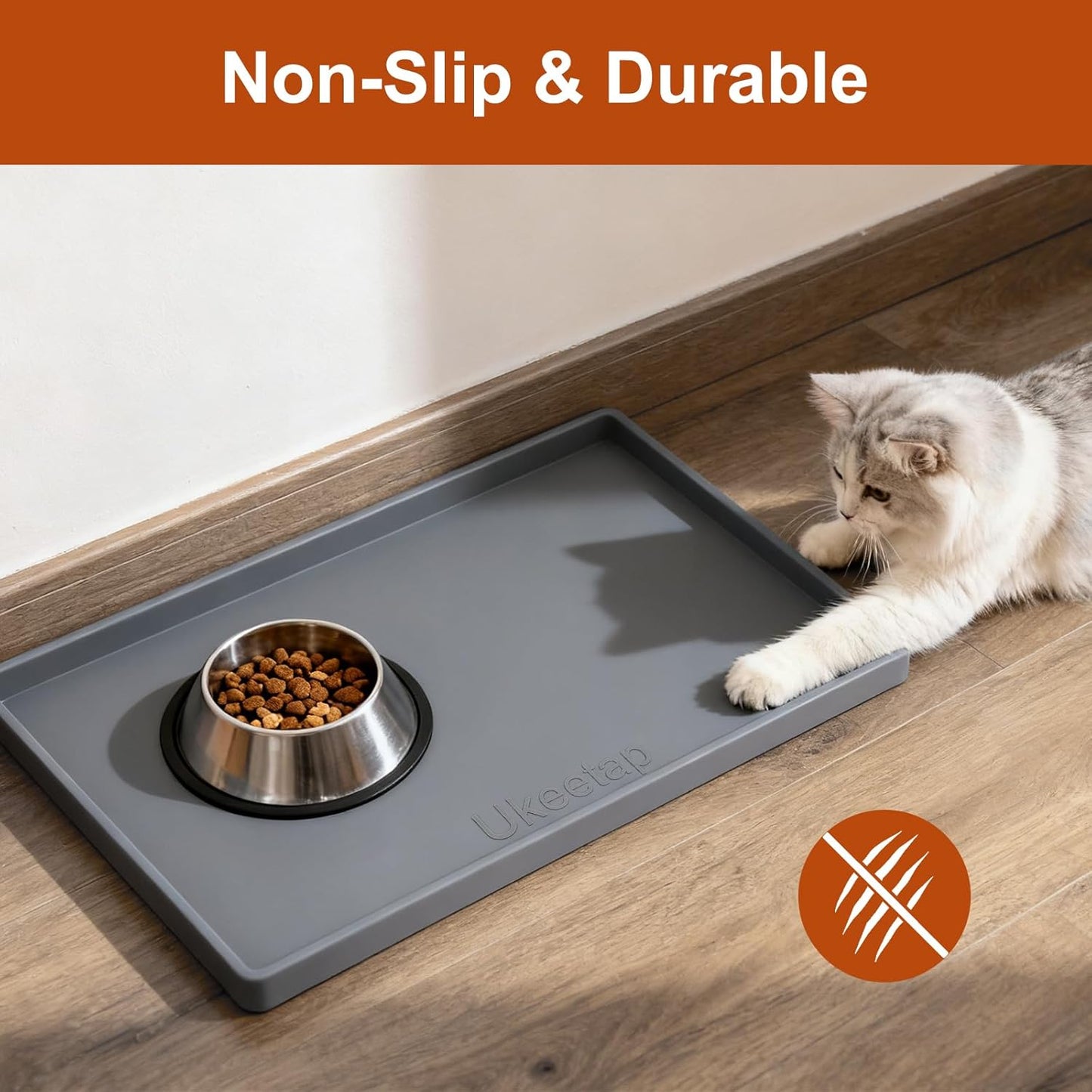 ukeetap Extra Thick Silicone Mat Waterproof with Raised Edge 19?x 12? BPA Free Non-Slip Dog & Cat Food Mat, Feeding Mat for Food and Water Bowls, Spill Proof Mat to Protect Floors, Gray