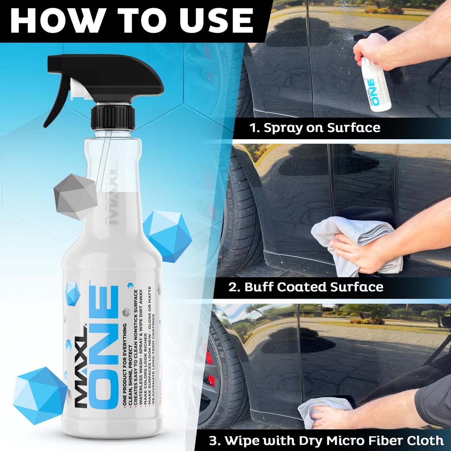 MAXLONE ?Car Spray with Triphene?Technology, Quick Spray & Wipe All Purpose Waterless Detailer - Clean, Shine, Protect Paint, Glass, Wheels, Trim Without Pre-Washing (2, 20oz w 4 Micro Fiber Cloth)