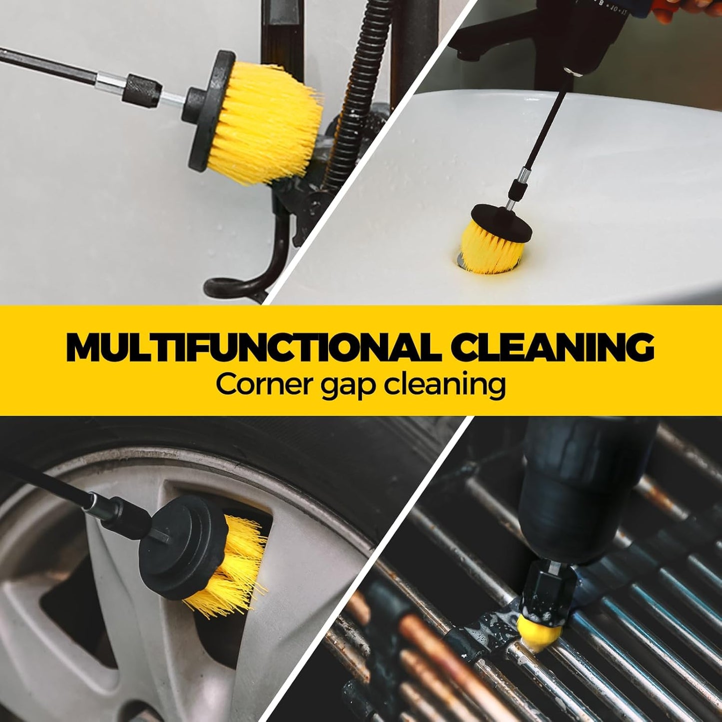 Holikme 6Pack Drill Brush Power Scrubber Cleaning Brush Extended Long Attachment Set All Purpose Drill Scrub Brushes Kit for Grout, Floor, Tub, Bathroom and Kitchen Surface,Scratch Brushes(Yellow)