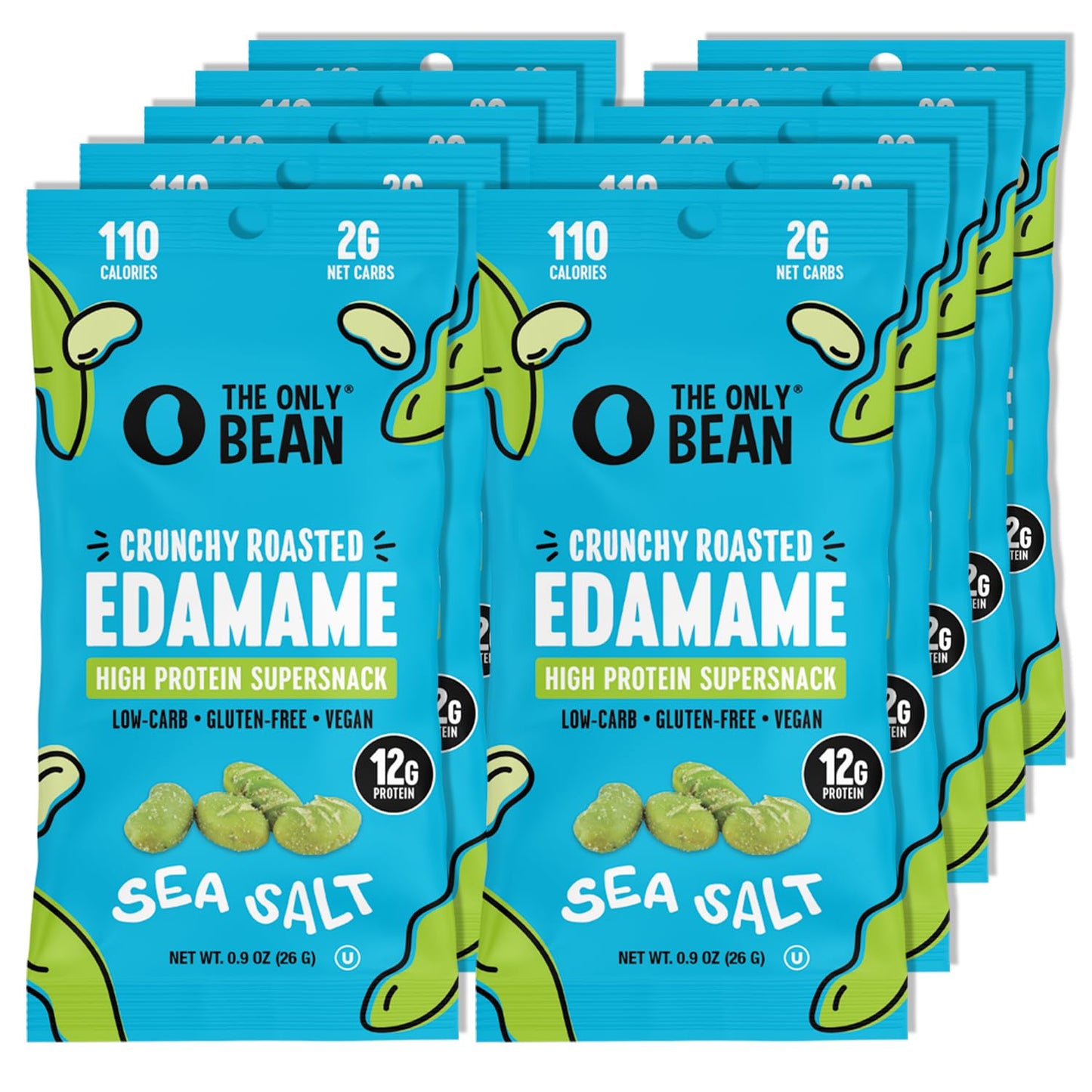 The Only Bean Crunchy Dry Roasted Edamame Snacks (Sea Salt), Healthy High Protein(11g) Keto Food, Low Carb Gluten Free Office Vegan Food 100 Calorie Snack Pack, 0.9oz 10 Pack