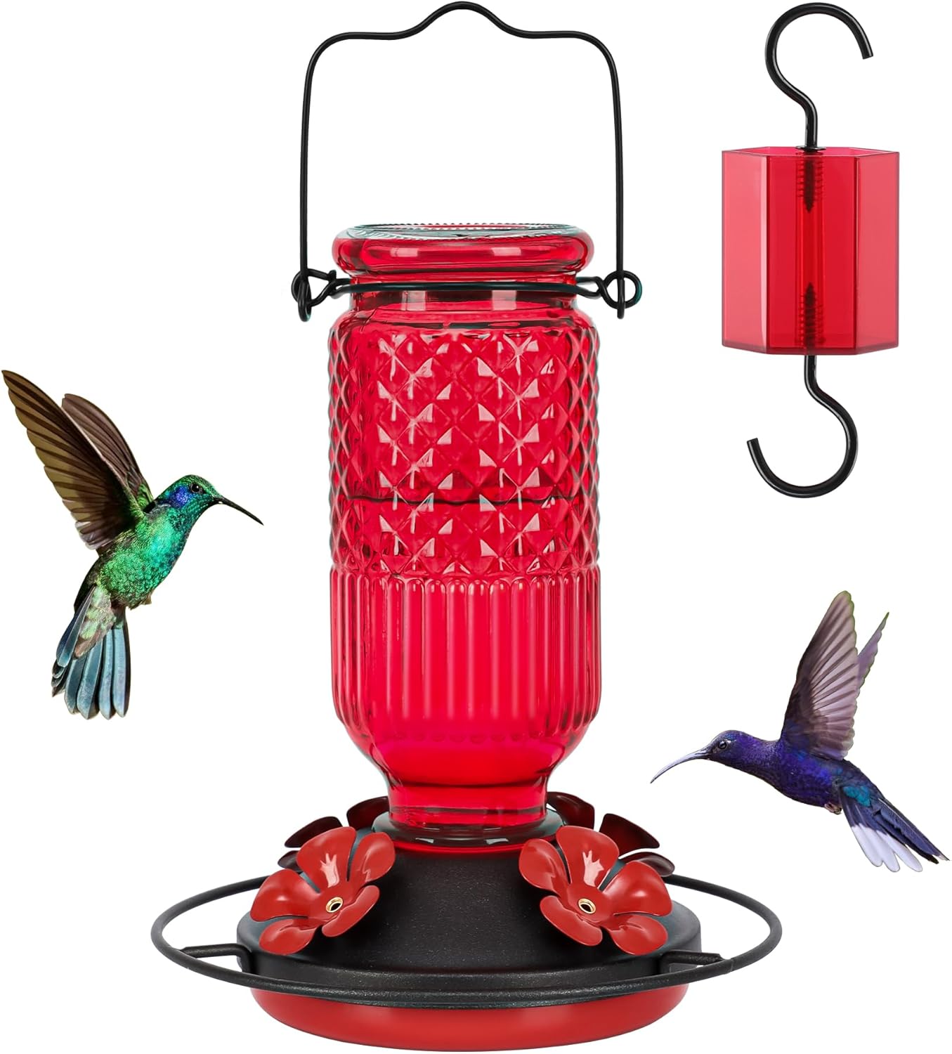 FEED GARDEN Glass Hummingbird Feeder, 16oz Outdoor Hanging Bird Feeder with Ant Moat, 4 Bee-Proof Feeding Ports, 360?Perch, Leak-Proof, Red