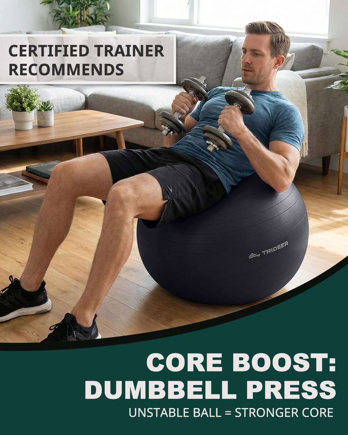 Trideer Exercise Ball for Yoga, Pilates & Fitness ?Stability Ball Equipment for Home Gym & Office Chair, Core & Balance Training Accessories, Physical Therapy Equipment, Quick Pump Included, 5 Sizes