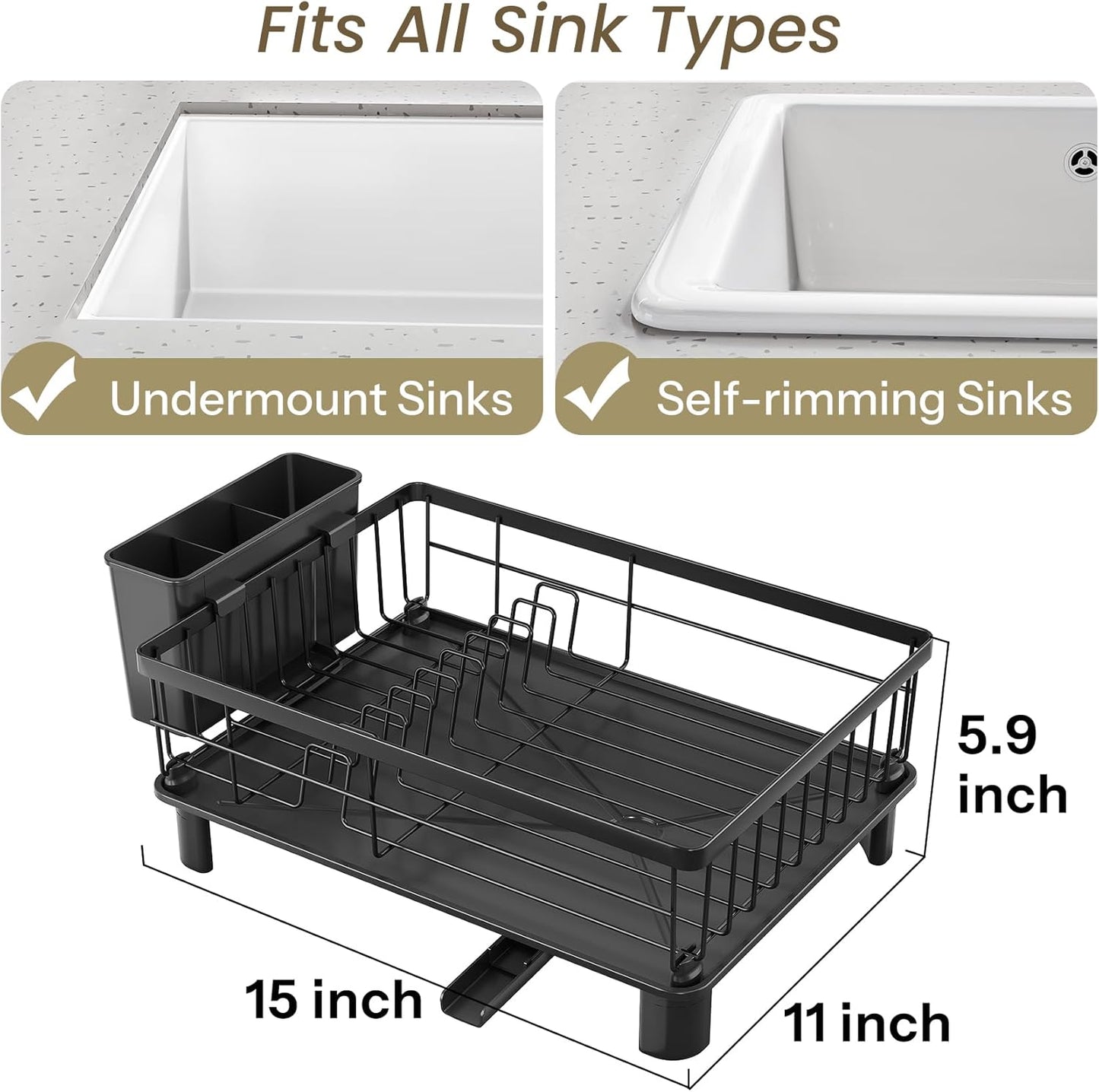 SNTD Dish Drying Rack - Space-Saving Dish Rack for Kitchen Counter, Stainless Steel Dish Drainer with Utensil Holder and Drainboard, 11" W x 15" L (Black)