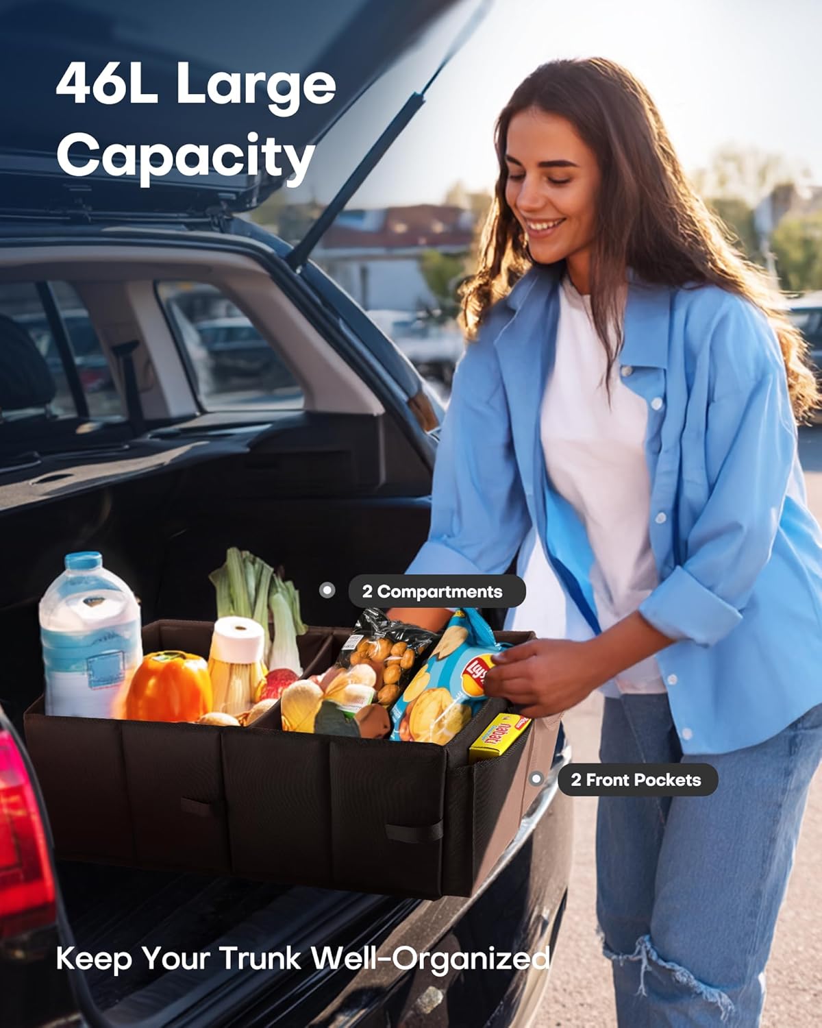 HOTOR Trunk Organizer - Car Organizer, Foldable Trunk organizer for SUVs & Sedans, Sturdy Car Organization for Car Accessories, Tools, Sundries, Black, 2 Compartments, 21.3"?2.6"?0.6"
