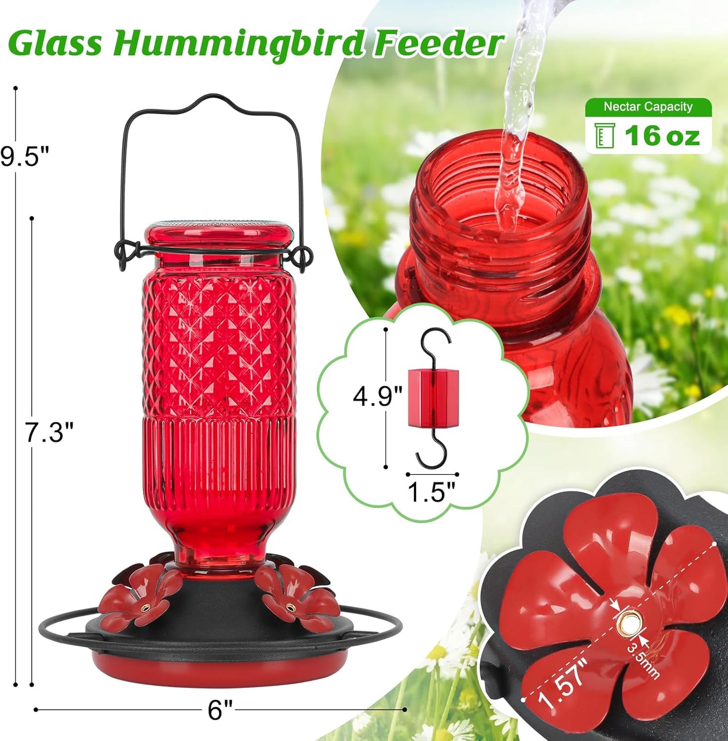 FEED GARDEN Glass Hummingbird Feeder, 16oz Outdoor Hanging Bird Feeder with Ant Moat, 4 Bee-Proof Feeding Ports, 360?Perch, Leak-Proof, Red