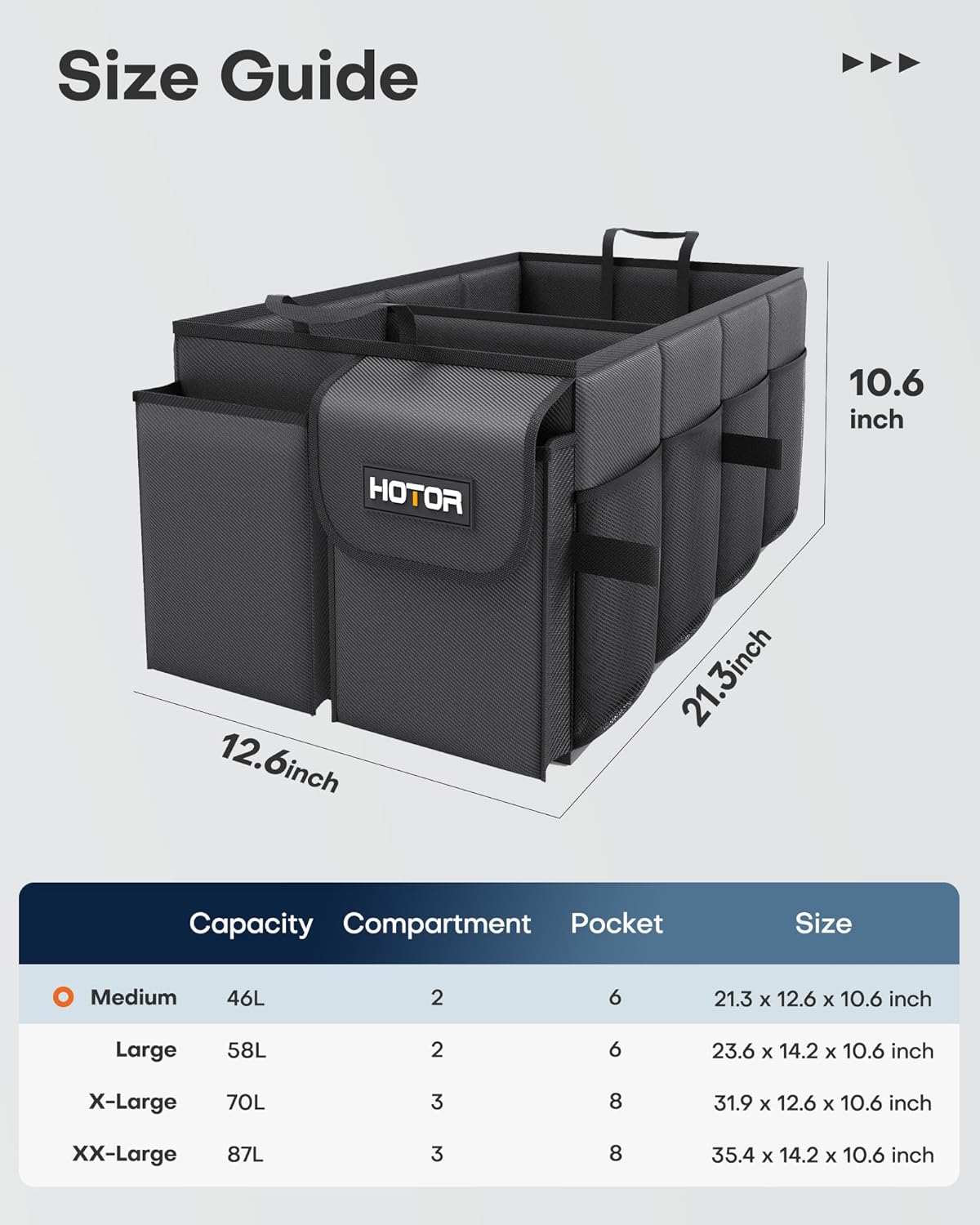 HOTOR Trunk Organizer - Car Organizer, Foldable Trunk organizer for SUVs & Sedans, Sturdy Car Organization for Car Accessories, Tools, Sundries, Black, 2 Compartments, 21.3"?2.6"?0.6"