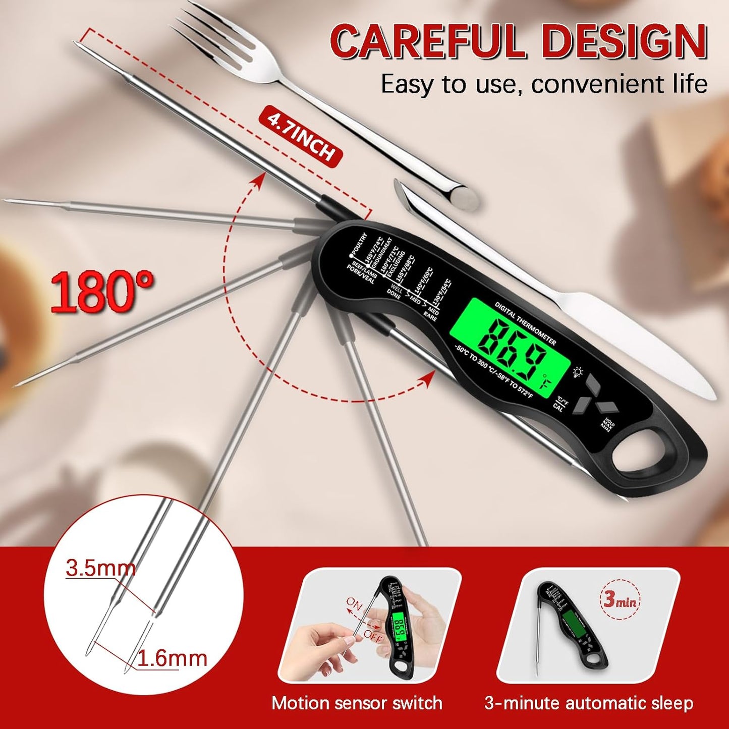 Meat Thermometer Digital,IP67 Waterproof Cooking Thermometer with Backlight, Calibration & Hold Function,Food Thermometer for Cooking,Outdoor Grilling