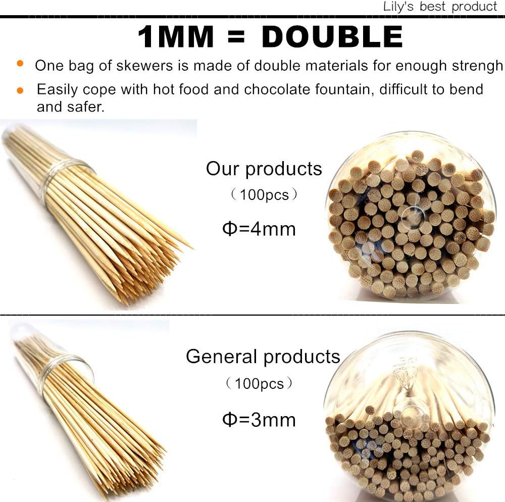 HOPELF 6" Natural Bamboo Skewers for BBQ,Appetiser,Fruit,Cocktail,Kabob,Chocolate Fountain,Grilling,Barbecue,Kitchen,Crafting and Party. F=4mm, More Size Choices 8"/10"/12"/14"/16"/30"(100 PCS)