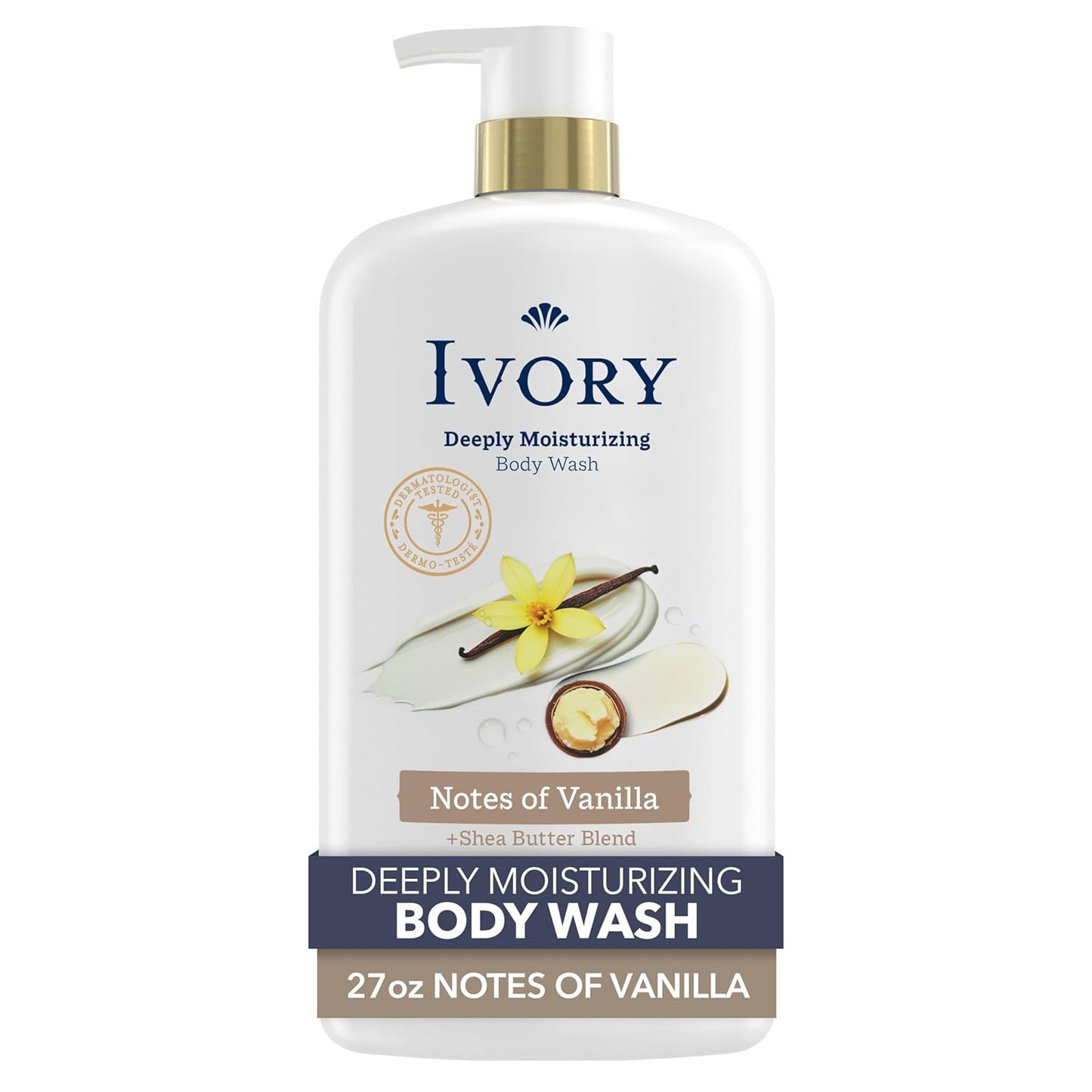 Ivory Body Wash, Deeply Moisturizing, 24hr Nourishing Hydration, Soothes Itchy Dry Skin, Made with Shea Butter Blend, Free of Dyes Heavy Perfumes Parabens & Phthalates, Vanilla Scent, 27 oz