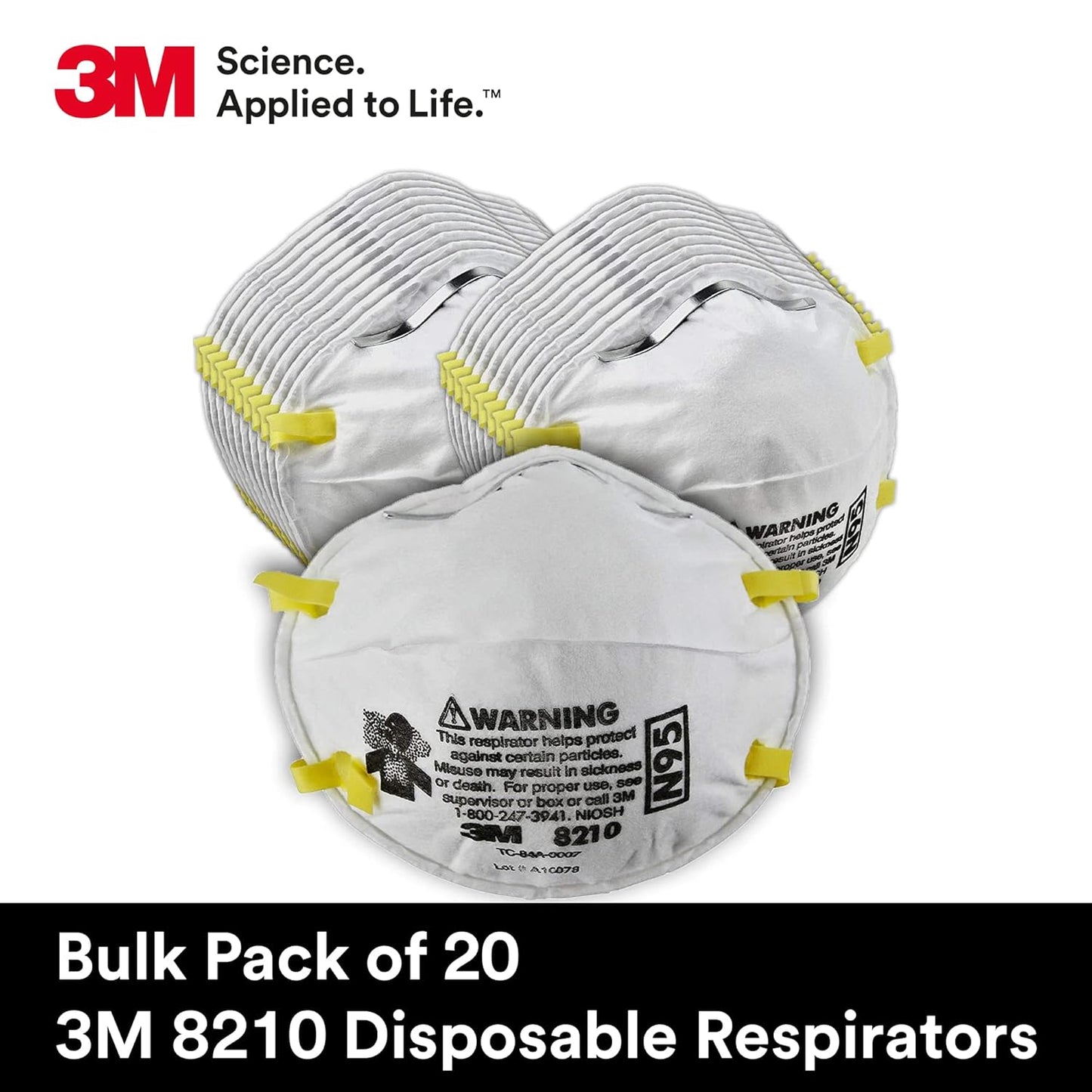 3M 8210 Particulate Respirator, N95, Pack of 20 Disposable Respirator, NIOSH APPROVED, Two-Strap Cup Style Design, Lightweight with Cushioning Nose Foam