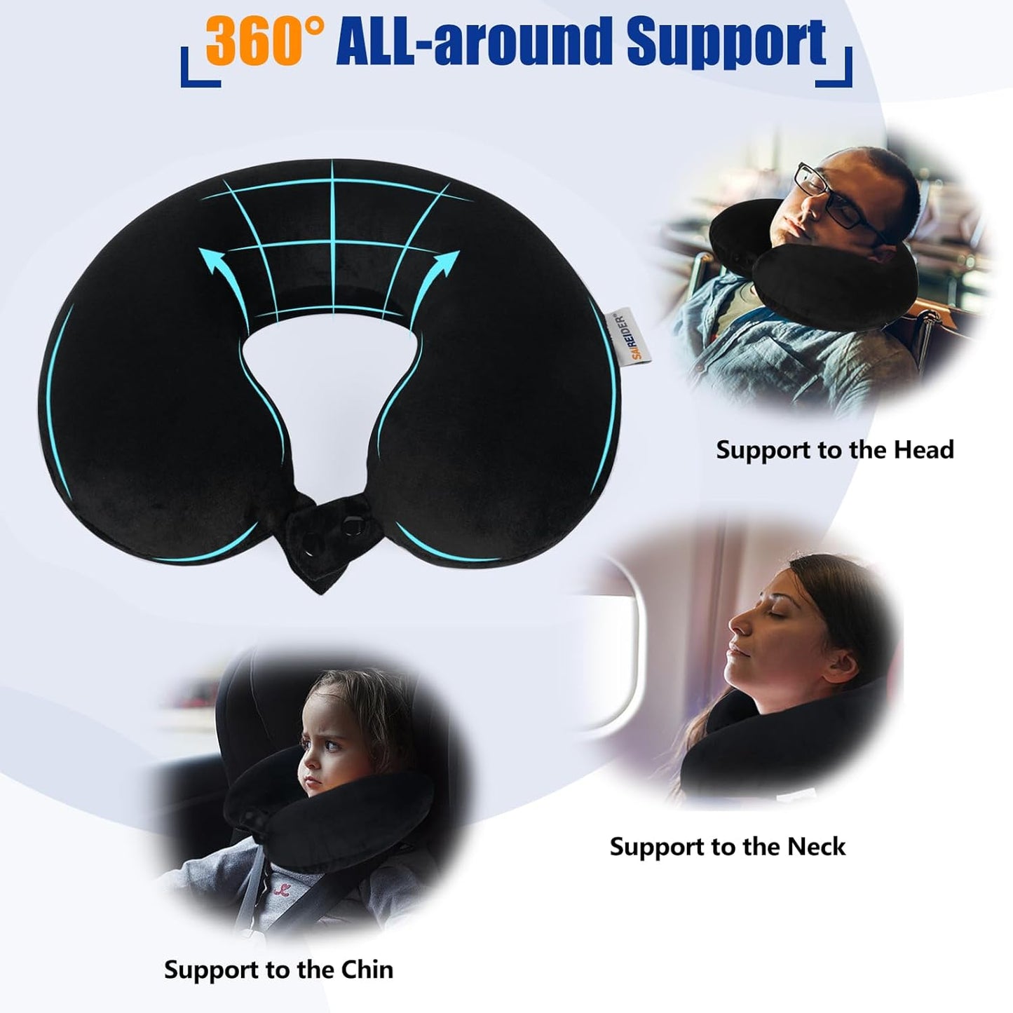 SAIREIDER Travel Pillow 100% Pure Memory Foam Travel Neck Pillow, Airplane Pillow for Traveling?Car?Home?Office,Washable Cover(Black)