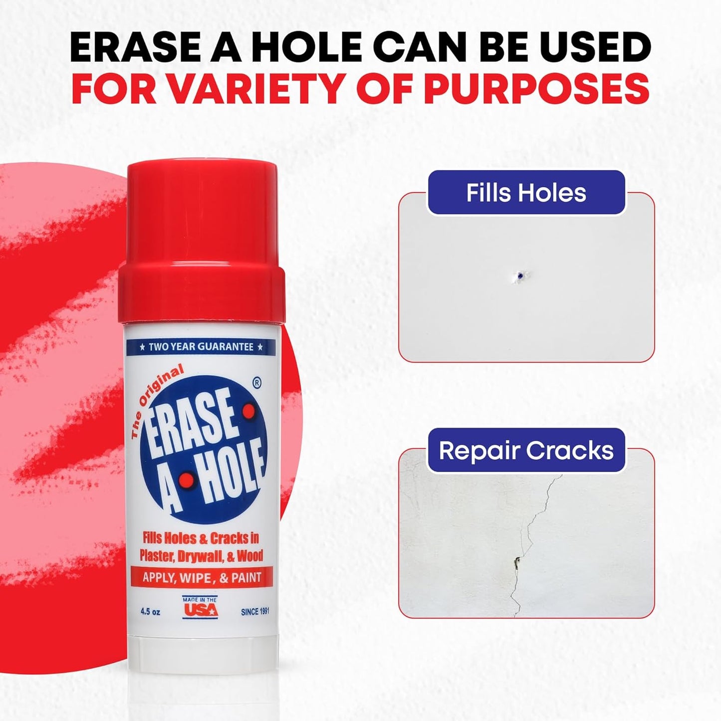 Erase-A-Hole Wall Repair Stick ?Quick-Dry Nail & Screw Hole Filler for Drywall, Wood & Plaster ?No Sand Spackle Alternative, Paintable Putty, 4.5 oz