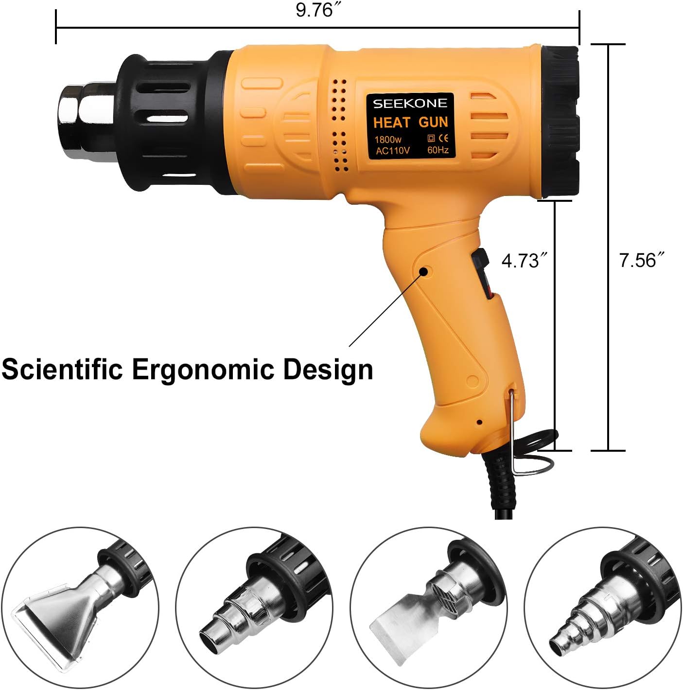 SEEKONE Heat Gun 1800W 122?-1202?(50?- 650?)Fast Heating Heavy Duty Hot Air Gun Kit Variable Temperature Control Overheat Protection with 4 Nozzles for Crafts, Shrinking PVC, Stripping Paint(5.2FT)
