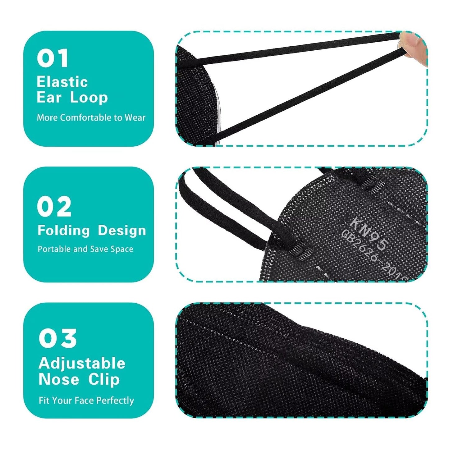 LEMENT 50pcs KN95 Face Mask Black 5 Layer Cup Dust Safety Masks Filter Efficiency=95% Breathable Elastic Ear Loops Black Masks