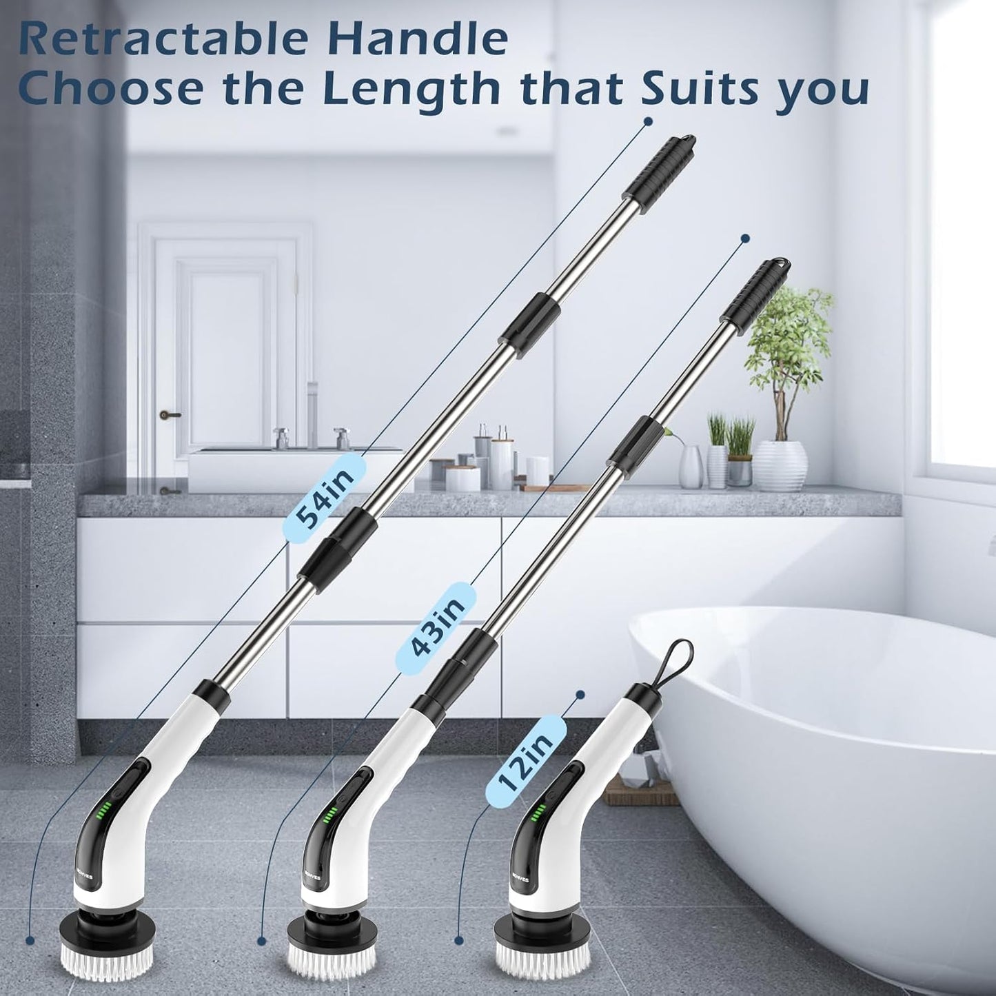 Bomves Electric Spin Scrubber, Cordless Cleaning Brush Scrubber for Home, 8 Replaceable Brush Heads-90Mins Work Time, 3 Adjustable Size, 2 Speeds for Bathroom Shower Bathtub Glass Car