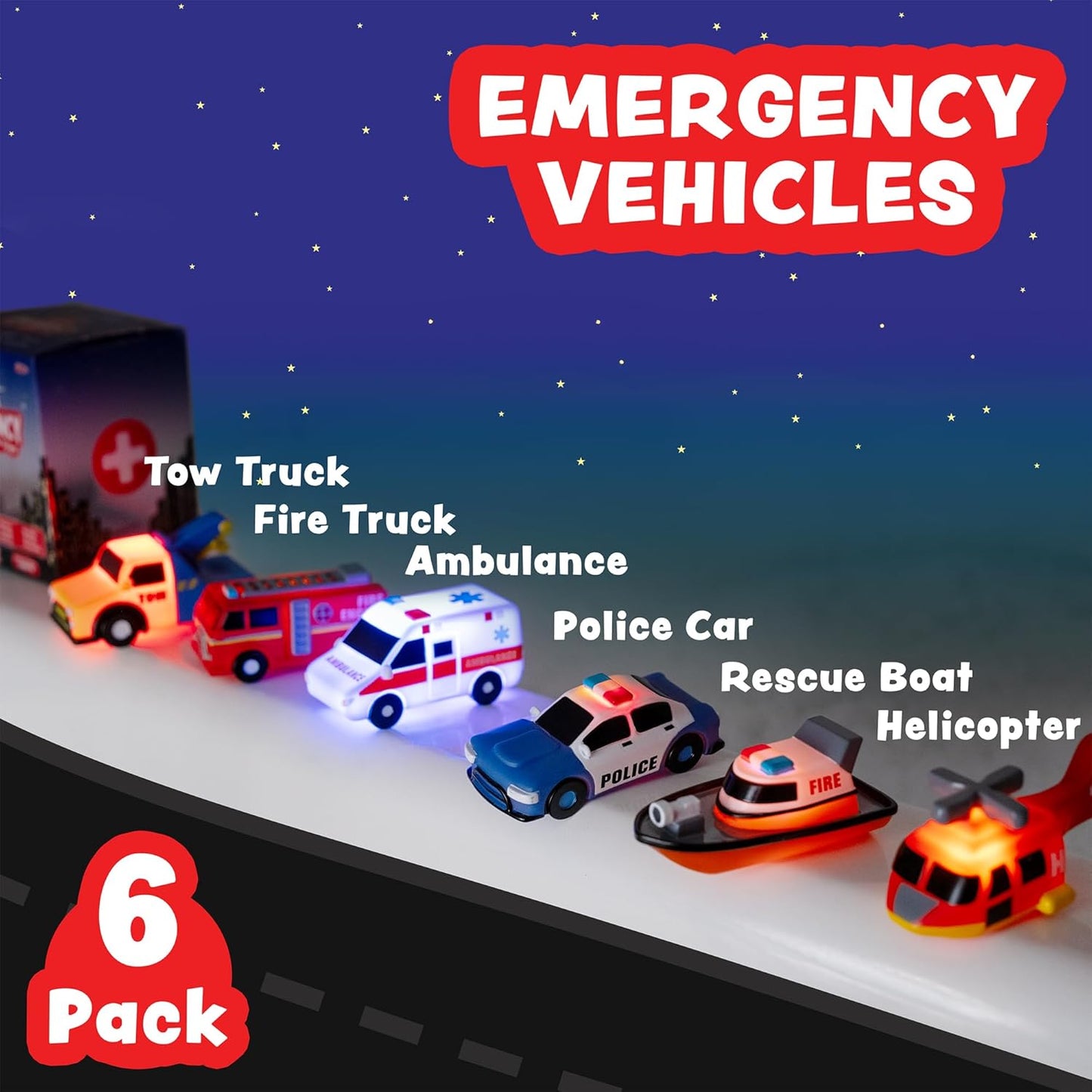 Tub Works?Emergency?Cars Light Up Bath Toys, 6 Pack | Water-Activated Light Up Toys Flash & Change Color | Soft, Squeezable Baby & Toddler Bath Toys | Sensory Toys with Bath Lights for Kids Bath