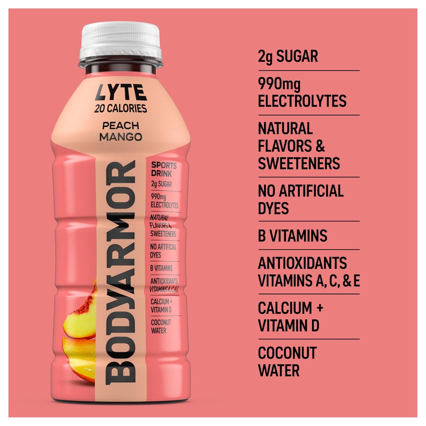 BODYARMOR LYTE, Peach Mango, Electrolyte Drink, 20 Calories, 16 Fl Oz Bottles (12 Pack), Coconut Water Sports Drink, Natural Flavor & B Vitamins