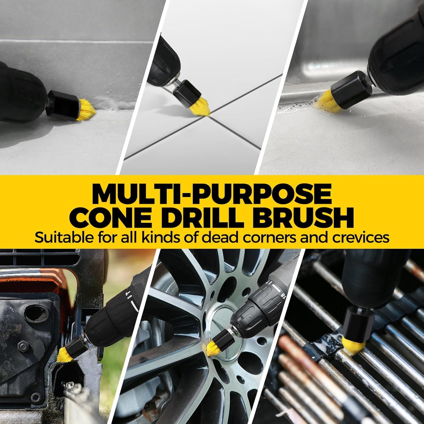 Holikme 6Pack Drill Brush Power Scrubber Cleaning Brush Extended Long Attachment Set All Purpose Drill Scrub Brushes Kit for Grout, Floor, Tub, Bathroom and Kitchen Surface,Scratch Brushes(Yellow)