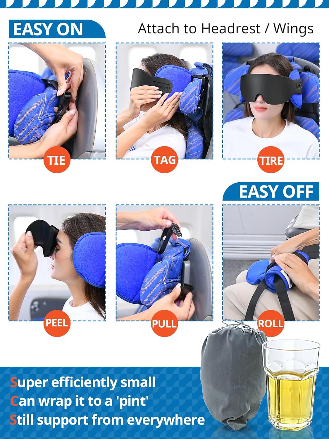 SARISUN Travel Pillows for Airplanes, Airplane Pillow for Long Flight, Airplane Head Strap with Eye Mask for Sleep, Travel Neck Pillow for Car Road Trip, 360?Support Headrest, Stop Bobblehead, Black