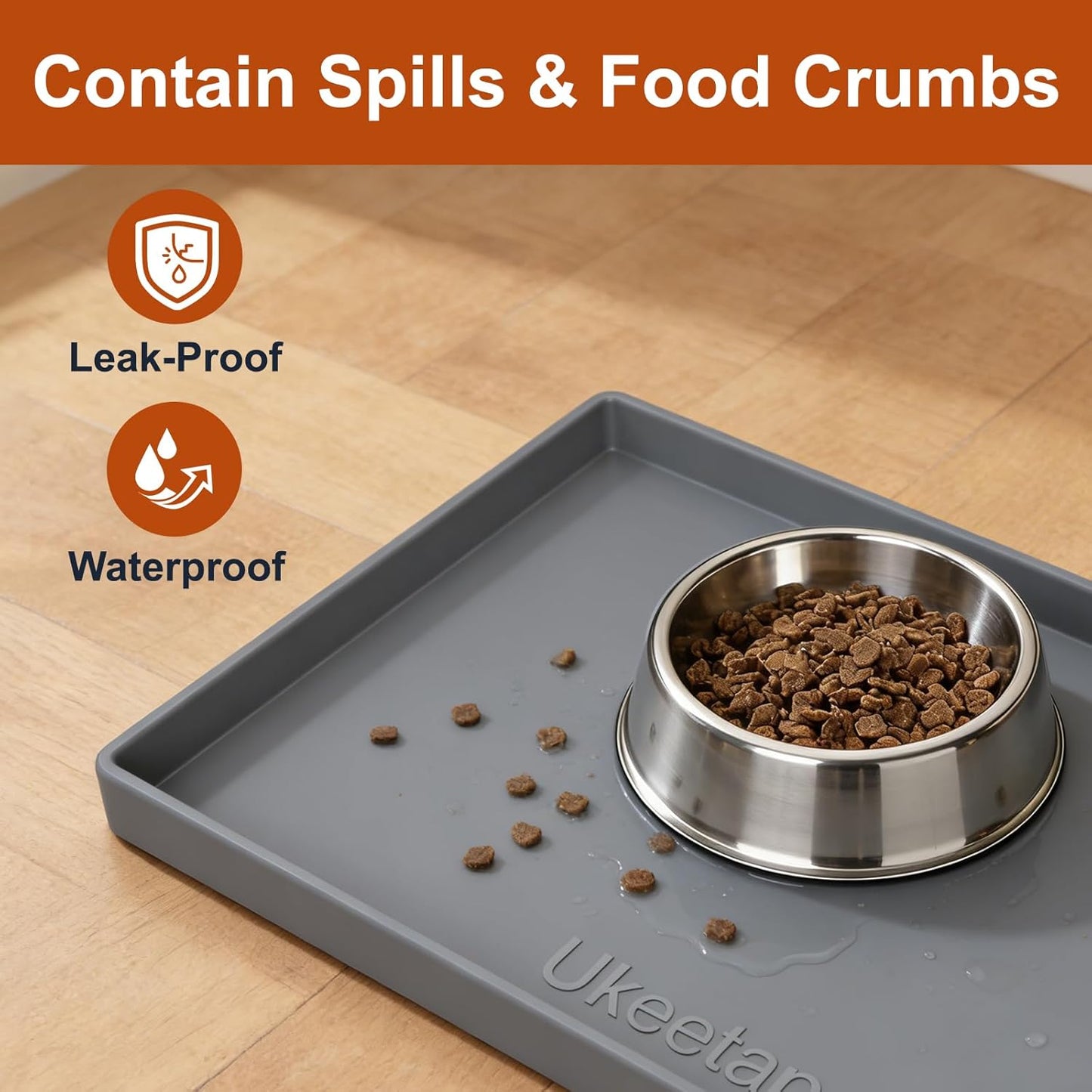 ukeetap Extra Thick Silicone Mat Waterproof with Raised Edge 19?x 12? BPA Free Non-Slip Dog & Cat Food Mat, Feeding Mat for Food and Water Bowls, Spill Proof Mat to Protect Floors, Gray