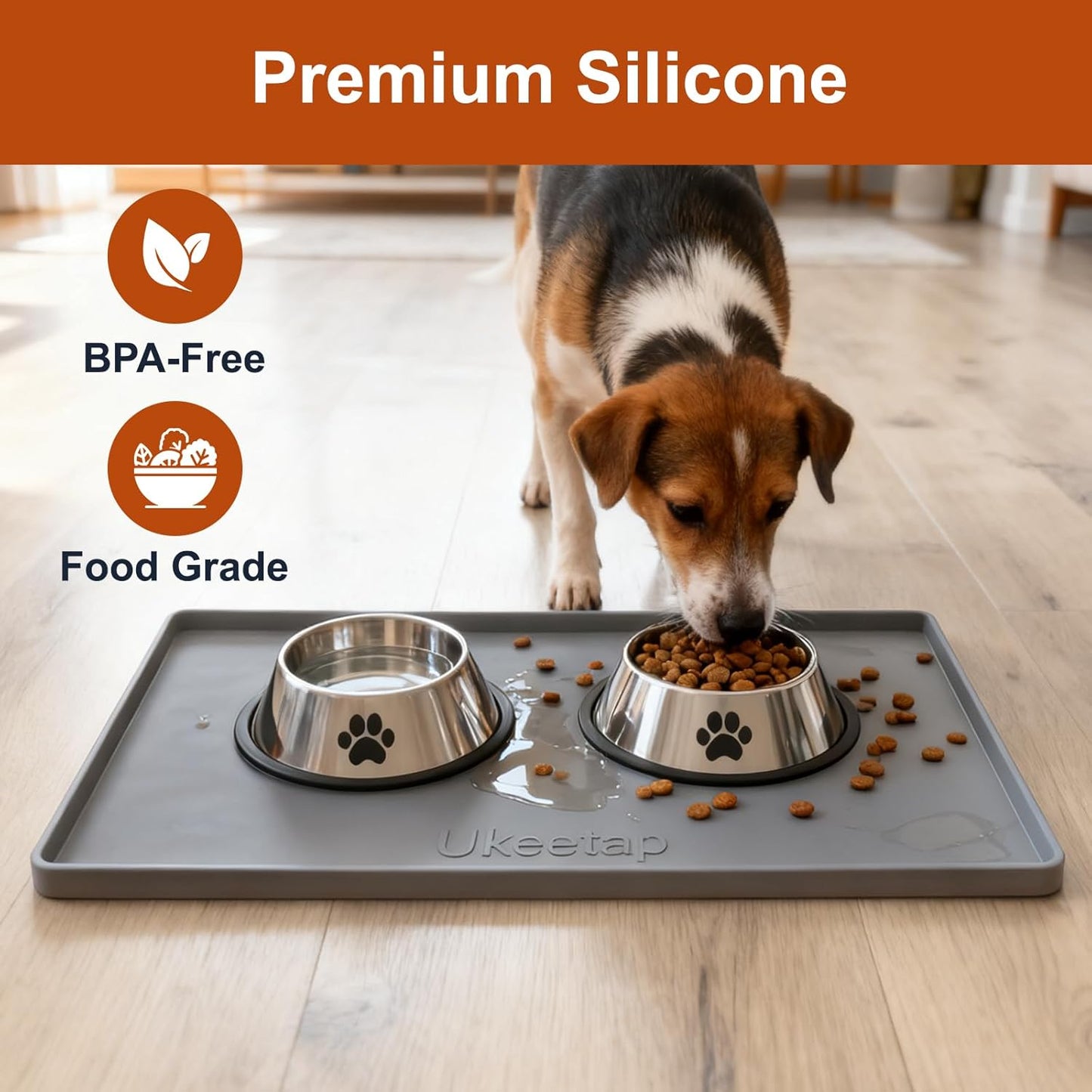 ukeetap Extra Thick Silicone Mat Waterproof with Raised Edge 19?x 12? BPA Free Non-Slip Dog & Cat Food Mat, Feeding Mat for Food and Water Bowls, Spill Proof Mat to Protect Floors, Gray