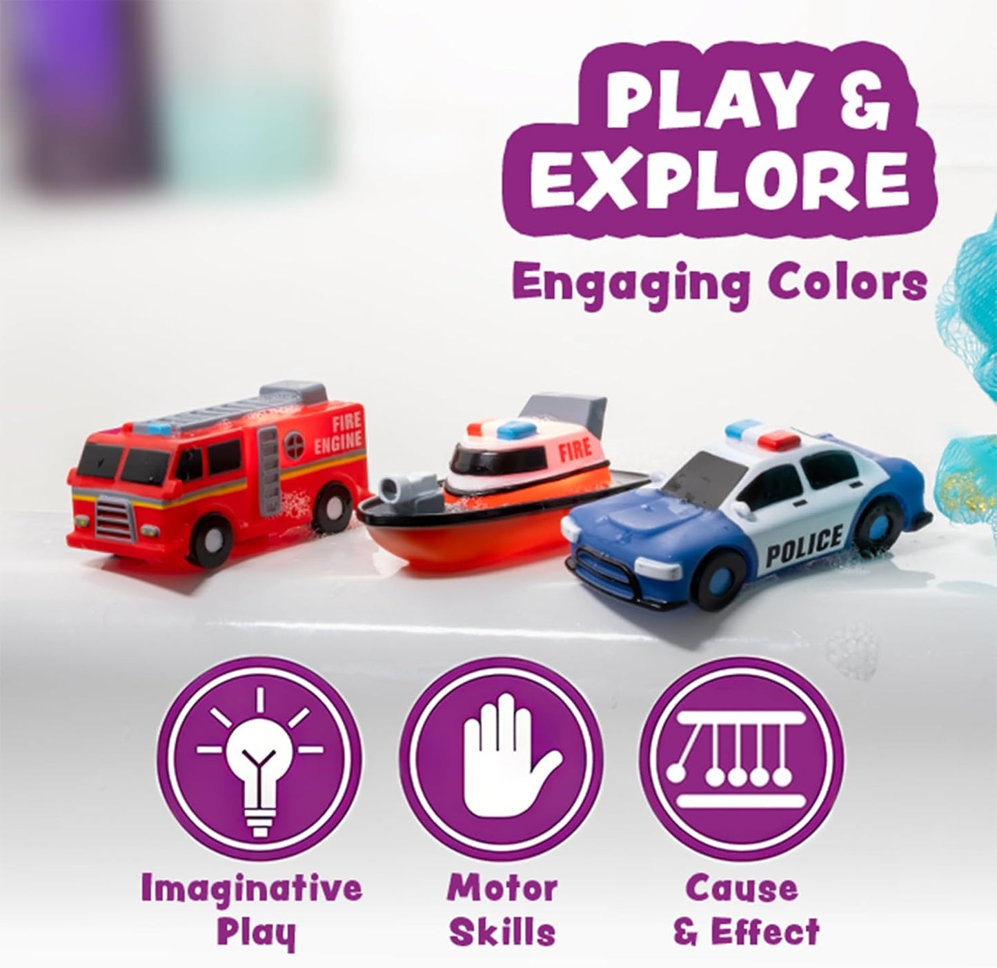Tub Works?Emergency?Cars Light Up Bath Toys, 6 Pack | Water-Activated Light Up Toys Flash & Change Color | Soft, Squeezable Baby & Toddler Bath Toys | Sensory Toys with Bath Lights for Kids Bath