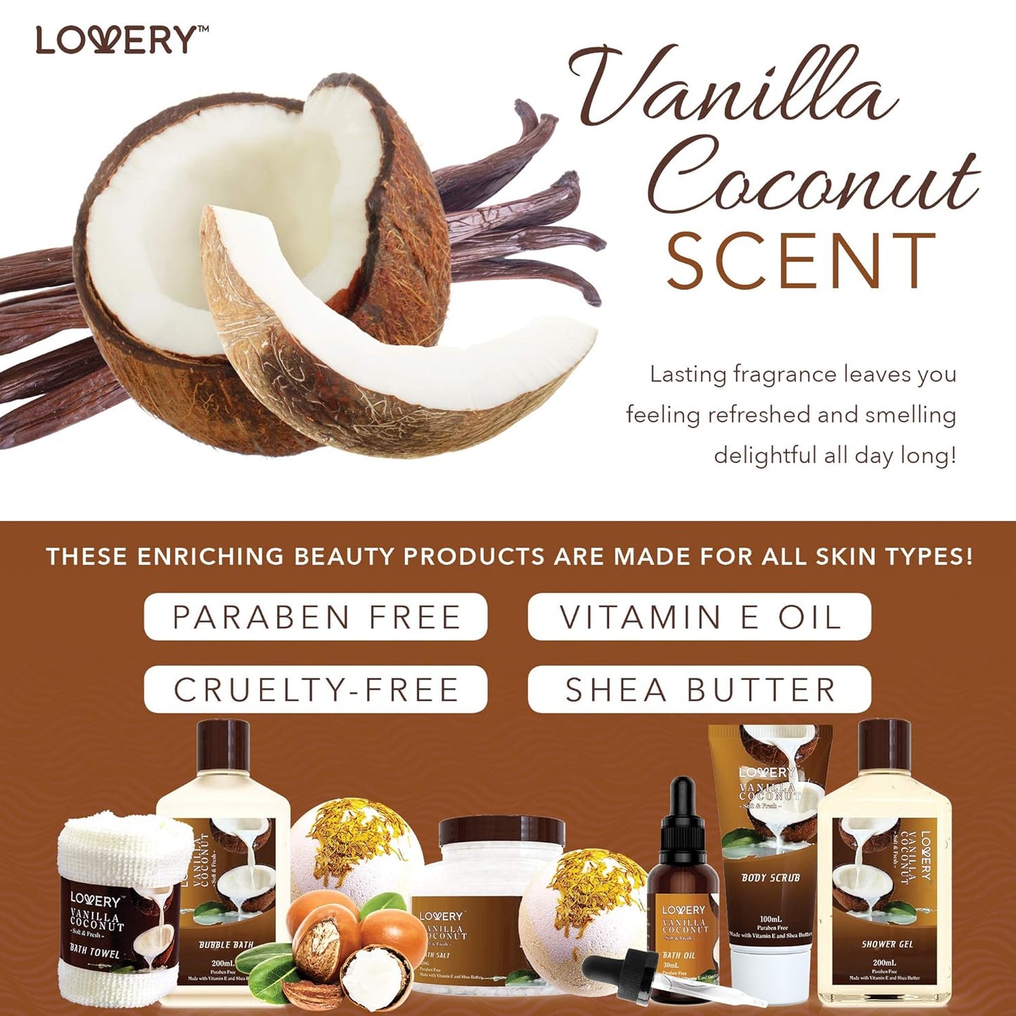 Gifts For Women Gift Basket for Women?9 Piece Set of Vanilla Coconut Home Spa Set, Luxurious Gifts for Her, Bath and Body Sets Includes Fragrant Lotions, Large Bath Bombs, Coconut Oil