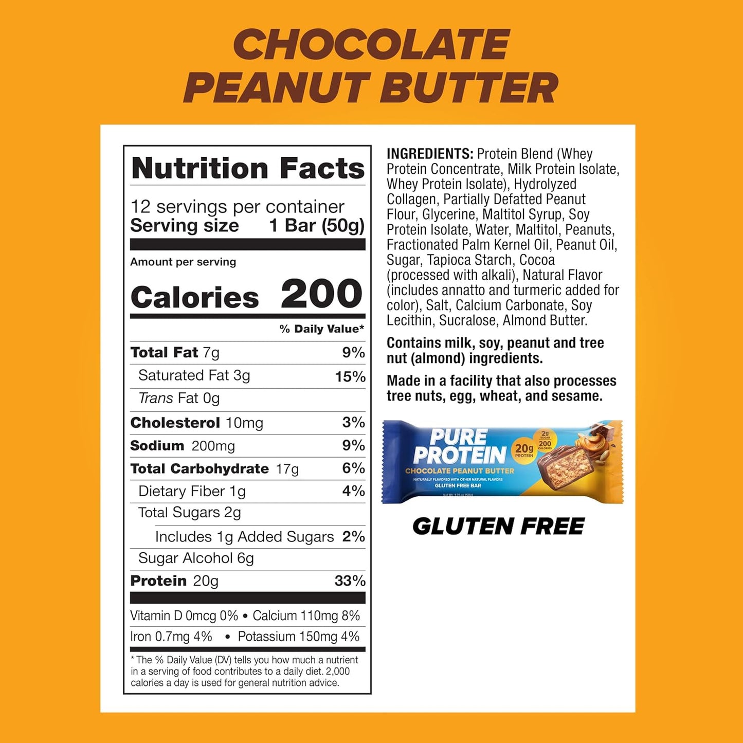 Pure Protein Chocolate Peanut Butter Protein Bars ?20g Protein, 3g Sugar, 190 Calories (12 count) Low Sugar* High Protein Snack - Gluten Free - Perfect for a Healthy Snack
