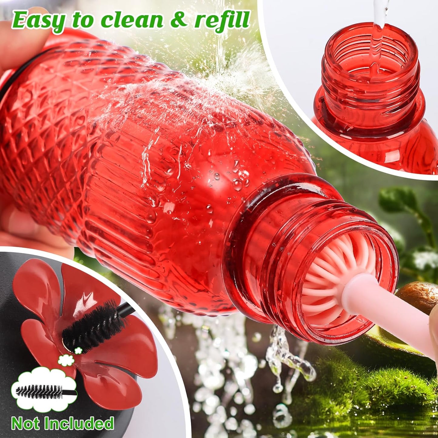 FEED GARDEN Glass Hummingbird Feeder, 16oz Outdoor Hanging Bird Feeder with Ant Moat, 4 Bee-Proof Feeding Ports, 360?Perch, Leak-Proof, Red