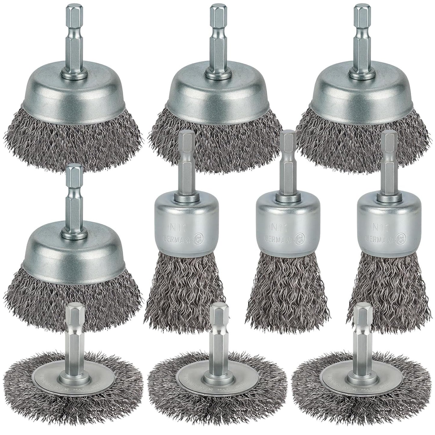 10 Pcs Wire Brush for Drill, Coarse Carbon Steel Crimping Wire Wheel Brush, 1/4 Inch Hex Shank, Cup Brush Drill Bit for Cleaning Rust, Stripping and Abrasive