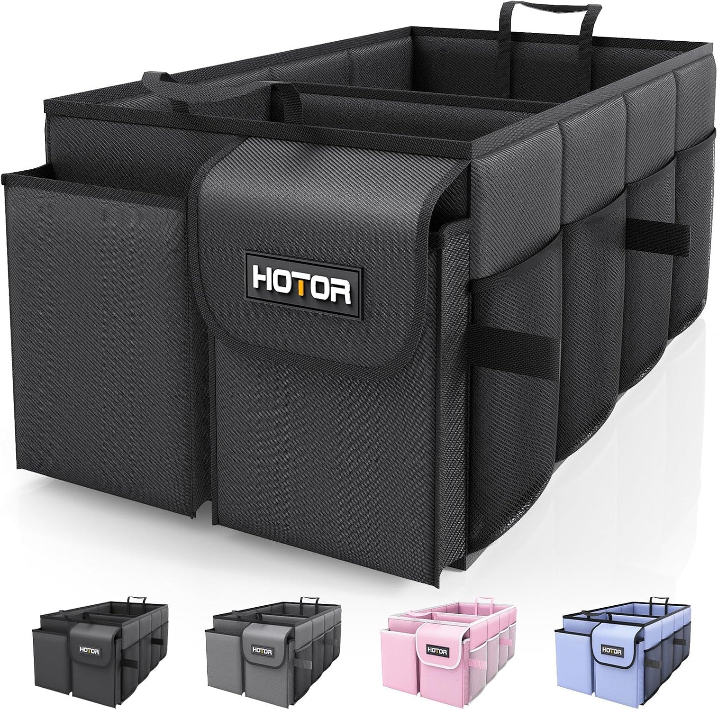 HOTOR Trunk Organizer - Car Organizer, Foldable Trunk organizer for SUVs & Sedans, Sturdy Car Organization for Car Accessories, Tools, Sundries, Black, 2 Compartments, 21.3"?2.6"?0.6"
