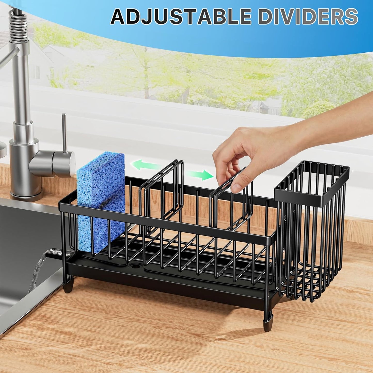 Cisily Sponge Holder for Kitchen Sink, Sink Caddy Organizer with High Brush Holder, Kitchen Countertop Organizers and Storage Essentials, Rustproof 304 Stainless Steel (Black, 9.25)"